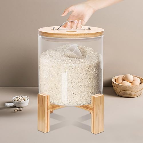Dispensador de arroz de vidrio, recipiente de almacenamiento de arroz, recipiente de harina y cereales con tapa hermética y soporte, recipiente de