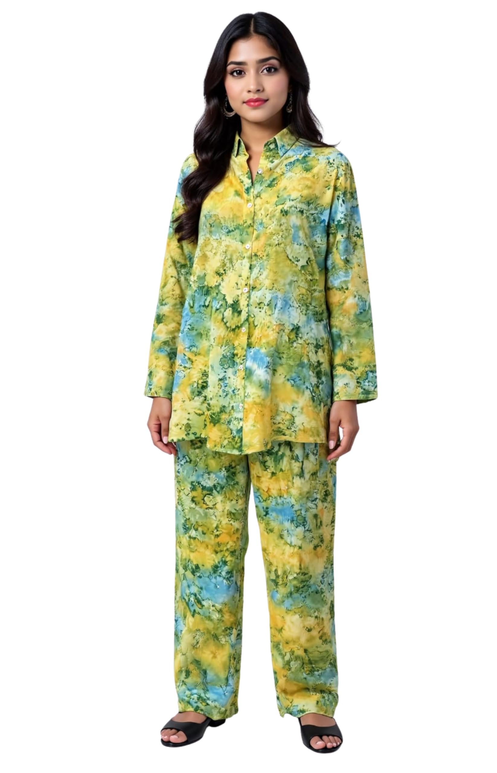 Women's 3/4 Sleeve Floral Printed Collar Neck Rayon Yellow Top with Matching Pant Cord-Set-picture-11
