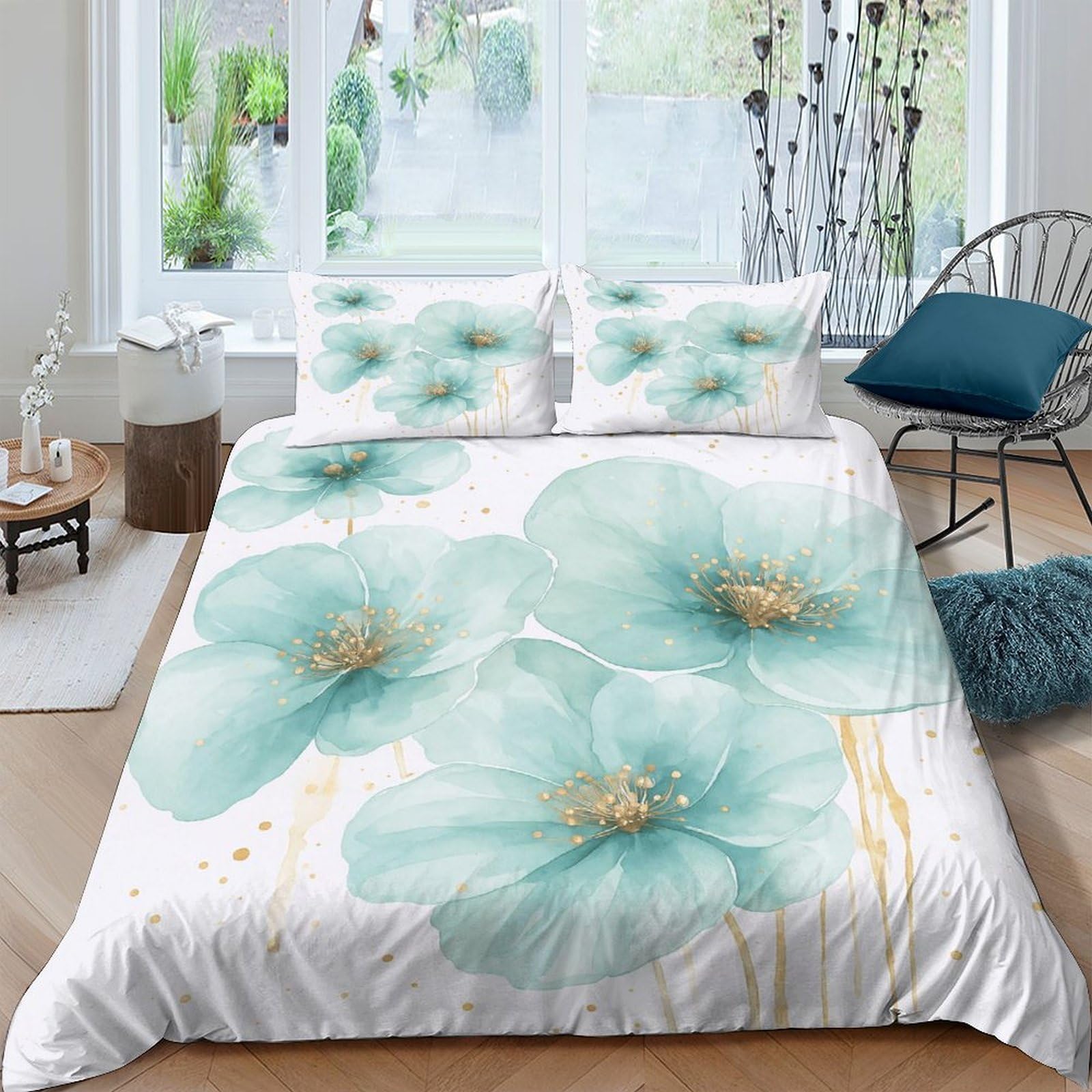 Ctjqhvkz Style-9 3D Printed Aqua Blue Floral Fitted Sheet Microfiber Soft Breathable Watercolor Blossom Mattress Cover For Bedroom Guest Room Decor Single（135X200cm）