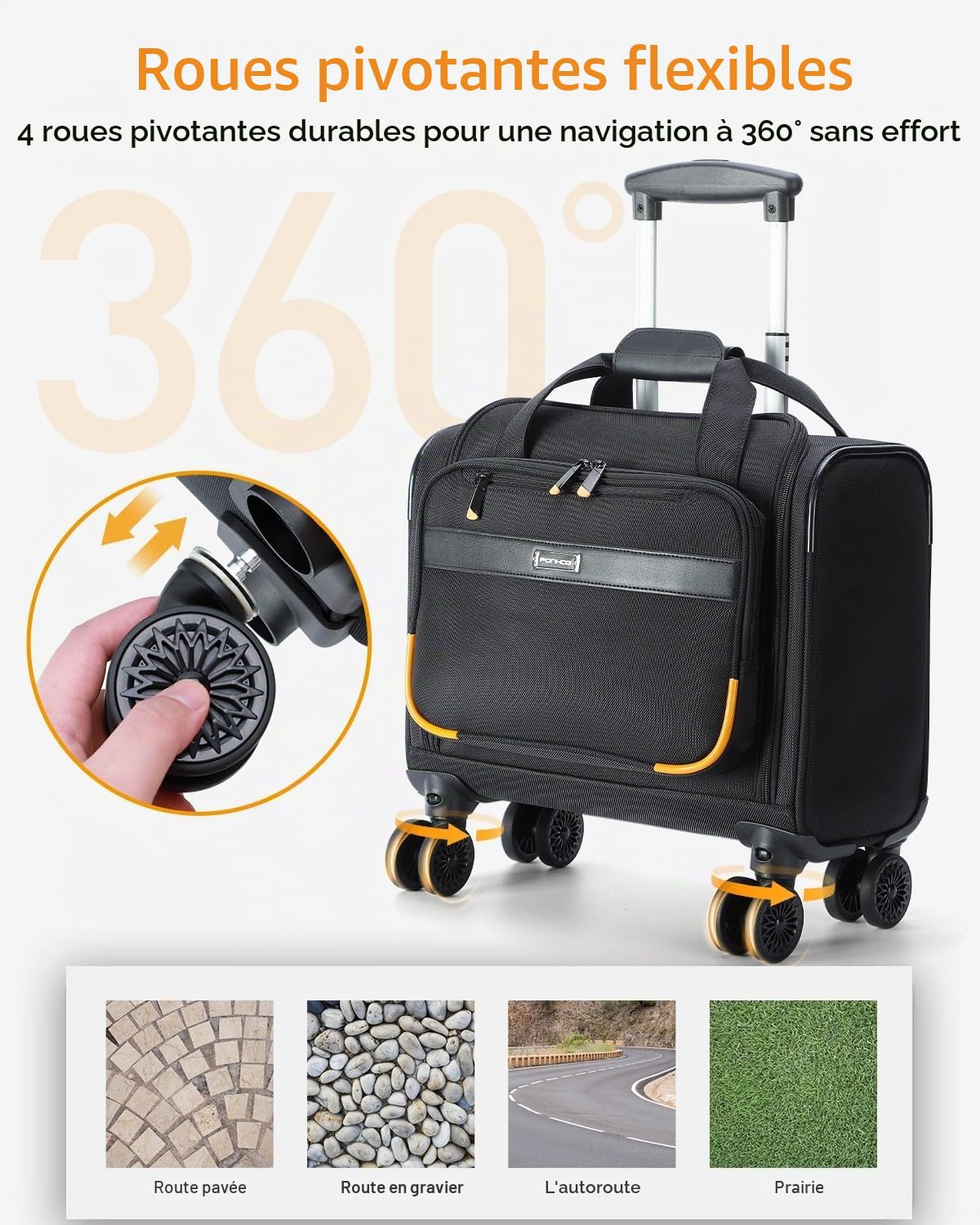 Ponhog Sac à Roulette pour Ordinateur Portable - Mallette à roulettes avec 4 Roues pivotantes - 13" en Nylon 1680D résistant à l'eau - pour Homme et Femme - pour Le Travail, Les Voyages, Noir
