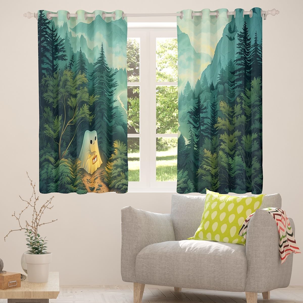 Castle Fairy Halloween Ghost Curtain for Bedroom,Green Plant Natural Rustic Farmhouse Blackout Window Curtain for Girls Boys,Cartoon Cute Ghost Print Window Treatment,Microfiber Durable, 52Wx90L inch
