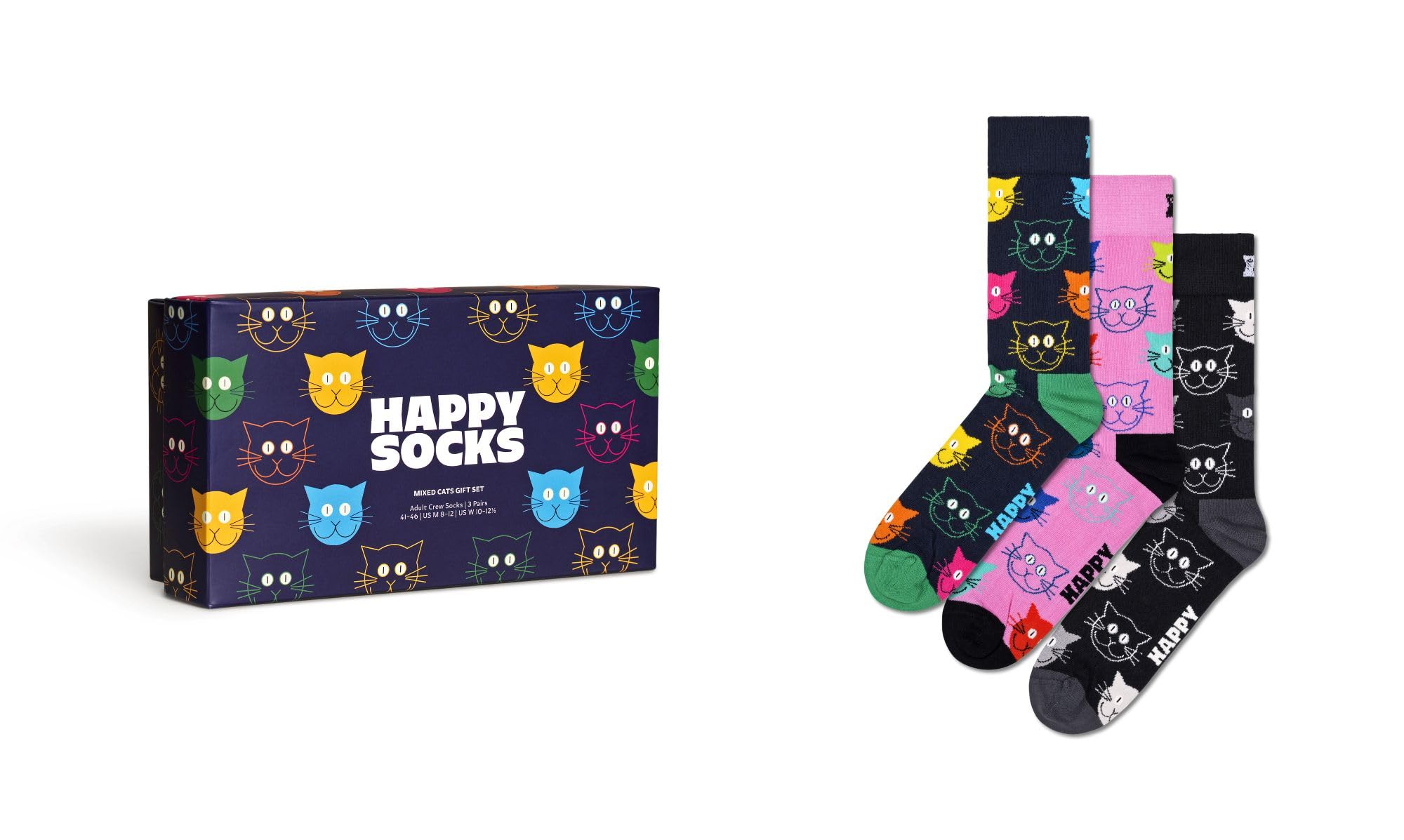 Happy Socks, 3-Pack Gift Box Crew Socks, Mixed Cat Socks Gift Set for Men and Women, Size 41-46