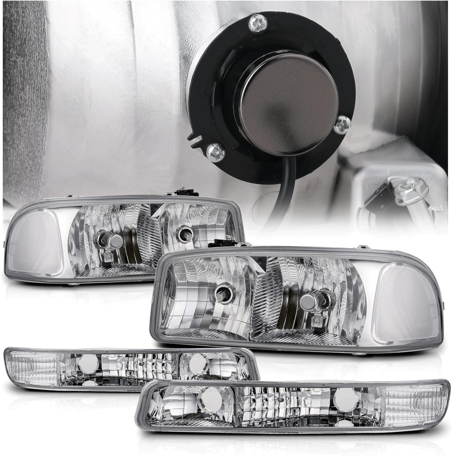 M-AUTO Left & Right Headlights Assembly w/ 4 Pre-assembled 6000K LED Bulbs Compatible with 99-07 GMC Sierra 1500/99-04 2500/01-07 1500 HD/2500 HD/3500 HD/99-06 Yukon/00-06 Yukon XL 1500/2500