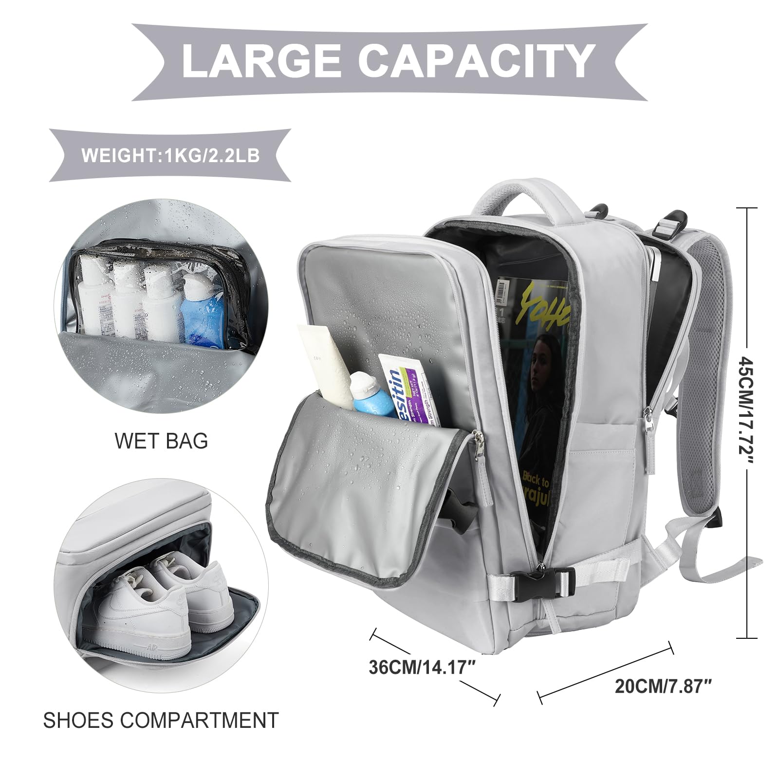 SZLX Zaino da viaggio grande da donna da viaggio zaino da escursionismo sportivo da esterno impermeabile zaino da scuola casual laptop da 14 pollici con porta di ricarica USB scomparto per scarpe