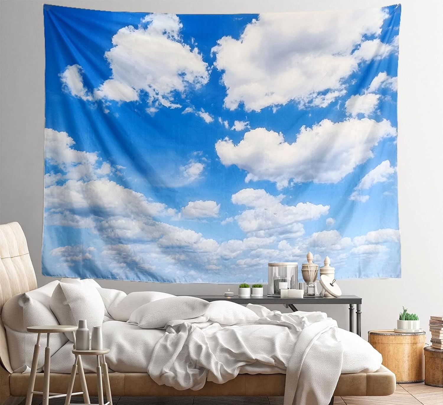 TUGCAY Blue Sky Tapestry White Cloud Tapestry Wall Hanging Ceiling Tapestries Clear Sunny Sky Clouds Backdrop Art Poster Wall Decor for Bedroom Living Room Dorm Kitchen Bathroom, 90x70 Inch