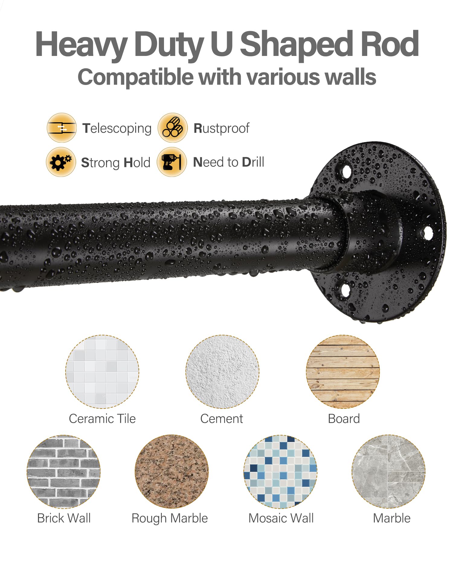 Barra de Ducha en Forma de U para Esquina, Ajustable [Lados: 60-132 cm, Centro: 79-119 cm] - Barra de Ducha de Tubo Grueso con 12 Ganchos y Soporte de Techo para Baño e Exteriores, Negro Mate