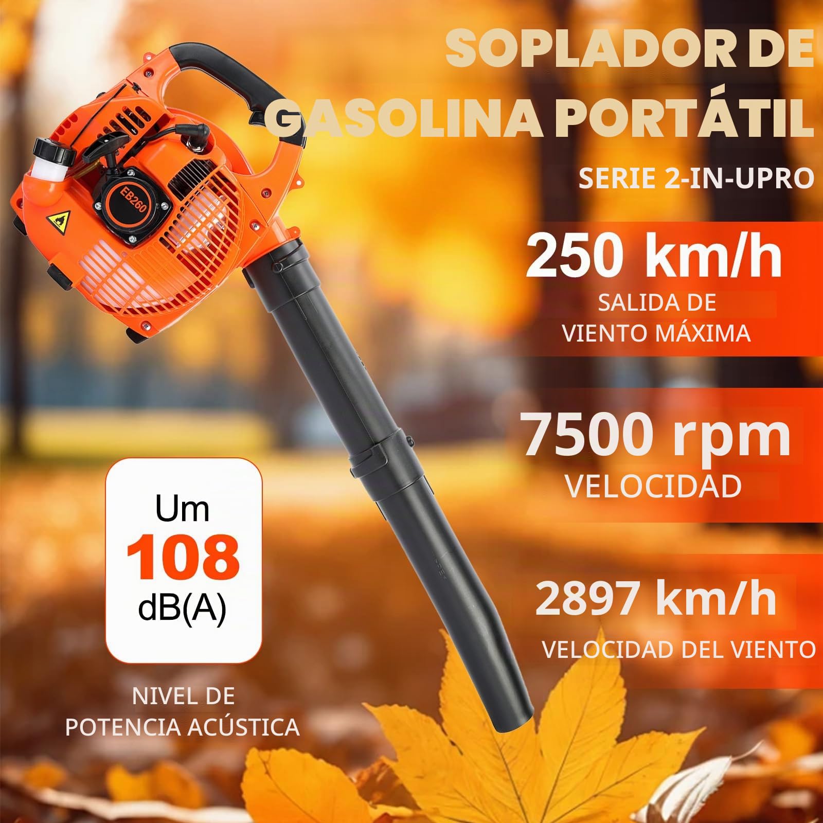 Soplador de hojas de gasolina, 26cc 7500r/min Portátil Soplador de hojas de gasolina, Motor de 2 tiempos, De mano, Ligero, Potente, Disipación rápida de calor Soplador de hojas de aire para jardín