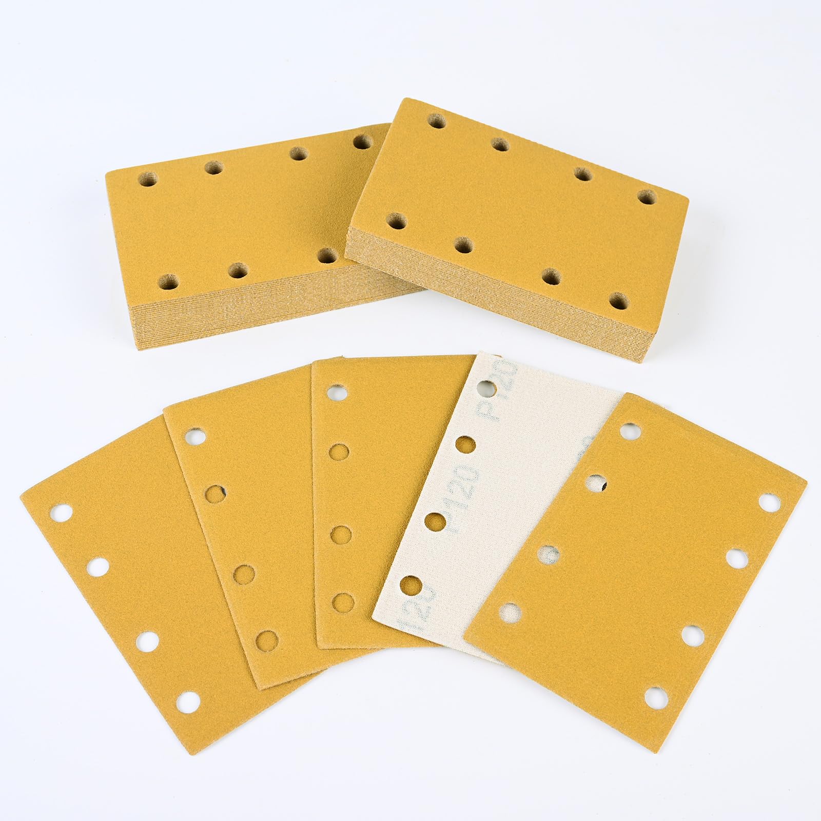 Papel de Lija 80x133mm 8 Agujeros, 50 Hojas de Lija P120, Almohadillas de Lijado Más Fuertes para Lijadora Orbital en Madera, Metal, Barniz, Plástico