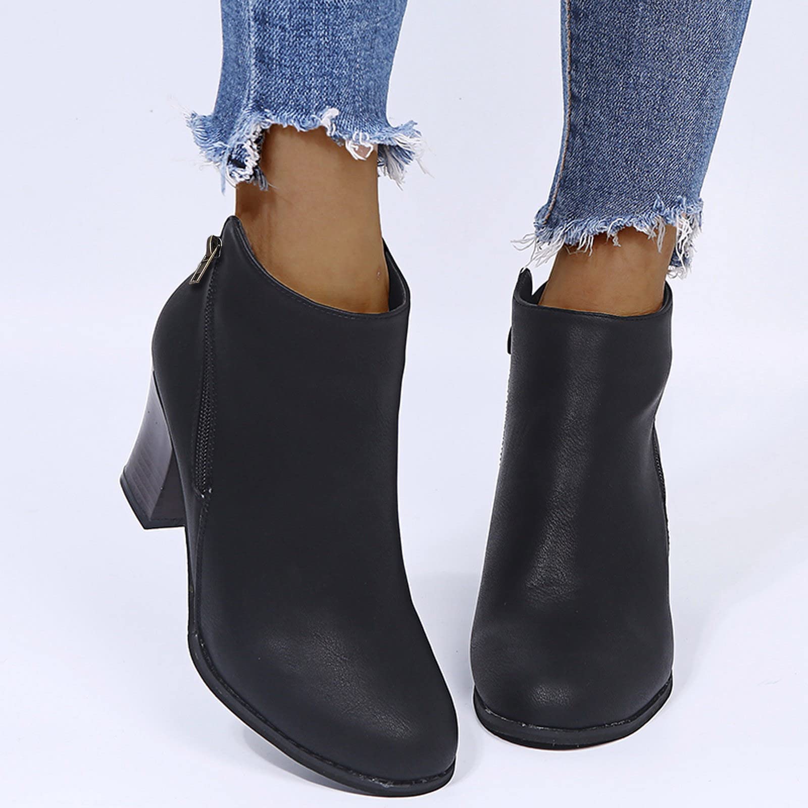 Stivali da donna con punta rotonda, chiusura lampo, tacco corto, stivaletti eleganti, design solido