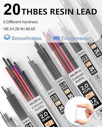 Miniatura 4 de Nicpro Juego de 35 lápices mecánicos de metal, lápices de dibujo artístico de 0.5, 0.7, 0.035 in y 3 repuestos de plomo de grafito de 0.079