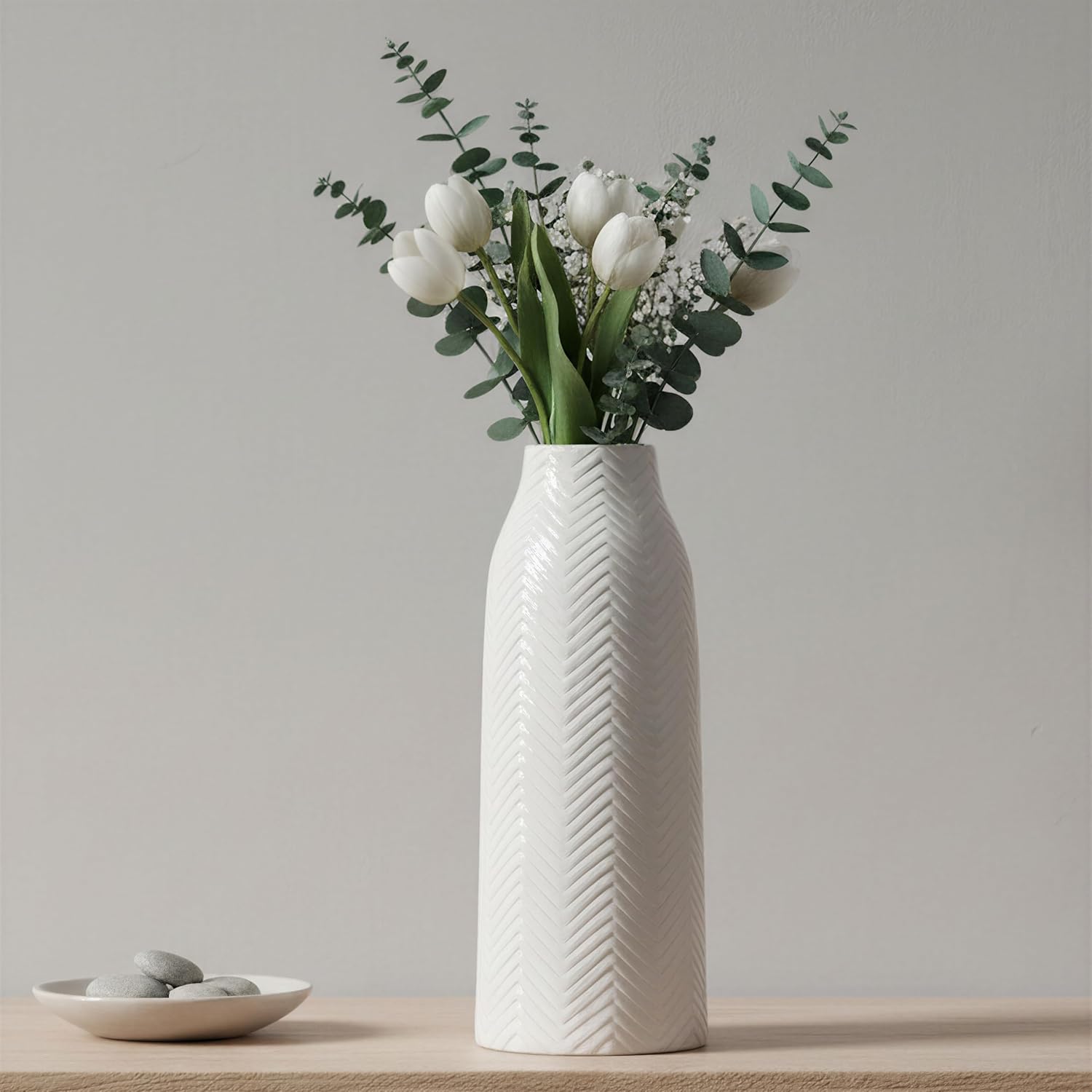 hjn Large White Vase for Flowers Ceramic Vase for Home Decor Tall Vases for Your Floor/Kitchen/Office/Living Room/Table- White Texture(Large)