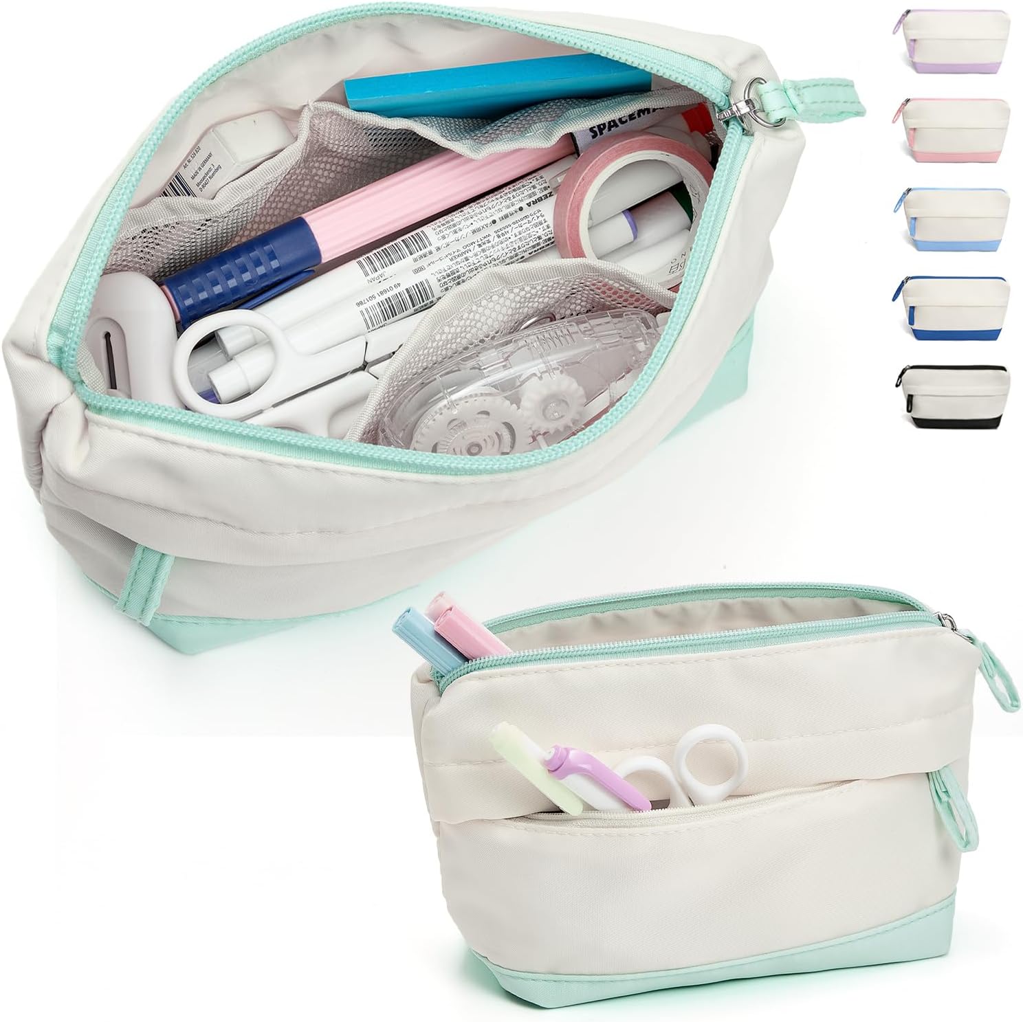 Pencil Case Pouch Bag School Supplies for Girls — Cute Aesthetic Pen Case, Large Big Capacity Zipper Stationery Bag for Women Teen Adults (Ivory and Light Green, 1400ml)