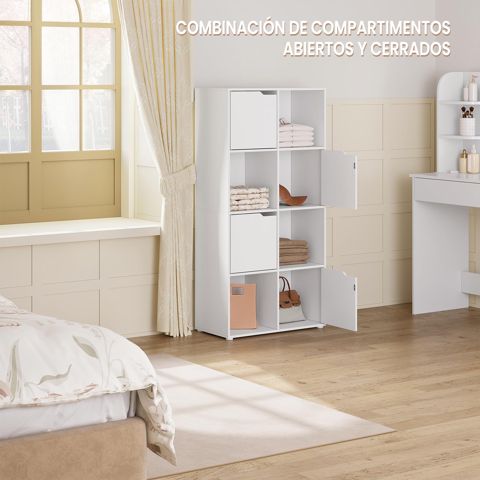 WOLTU Estanteria para Libros de 8 Cubos, Libreria de Cubos de Almacenamiento con Puertas, para Estudio, Dormitorio y Salon, Biblioteca Blanca, 60x30x120 cm, SK039ws