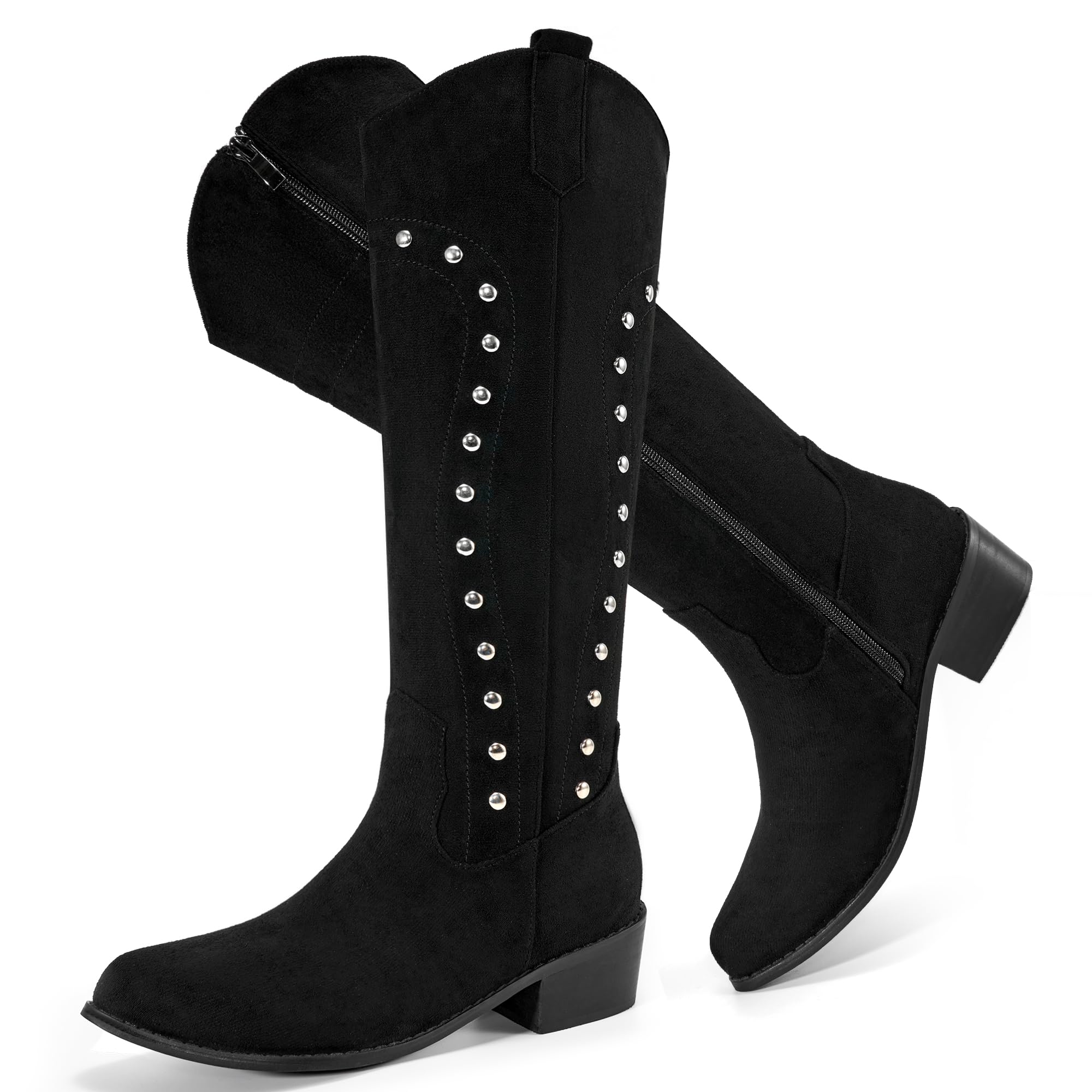 Alicegana Western Cowboy Boots for Women - Knee High Wide Calf Suede Cowgirl Boots Comfortable Slip On Zipper
