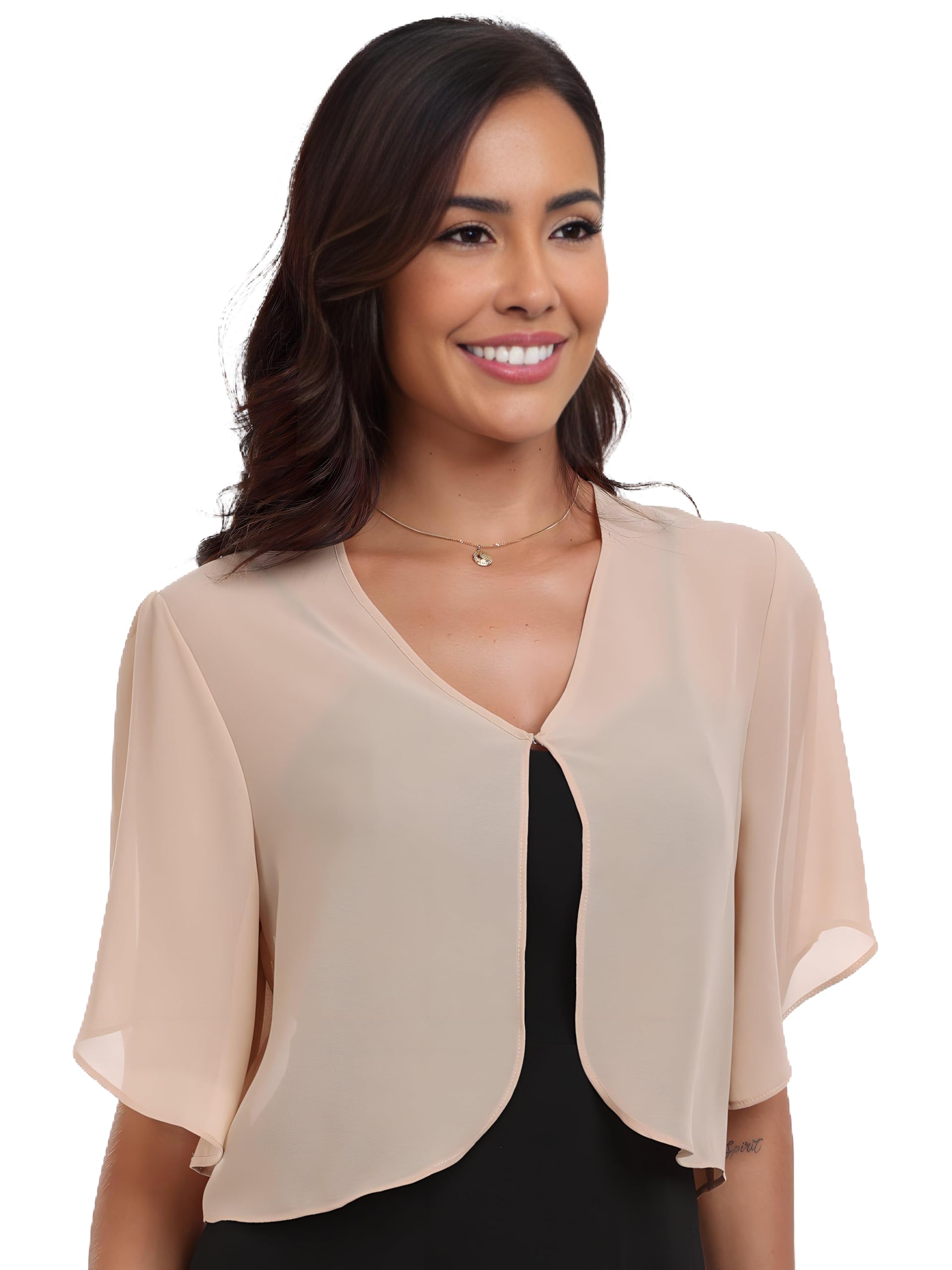 SURVODJA Womens Chiffon Cropped Cardigans Lightweight Sweaters Short Sleeve Bolero Shrugs for Dress, Champagne, Large