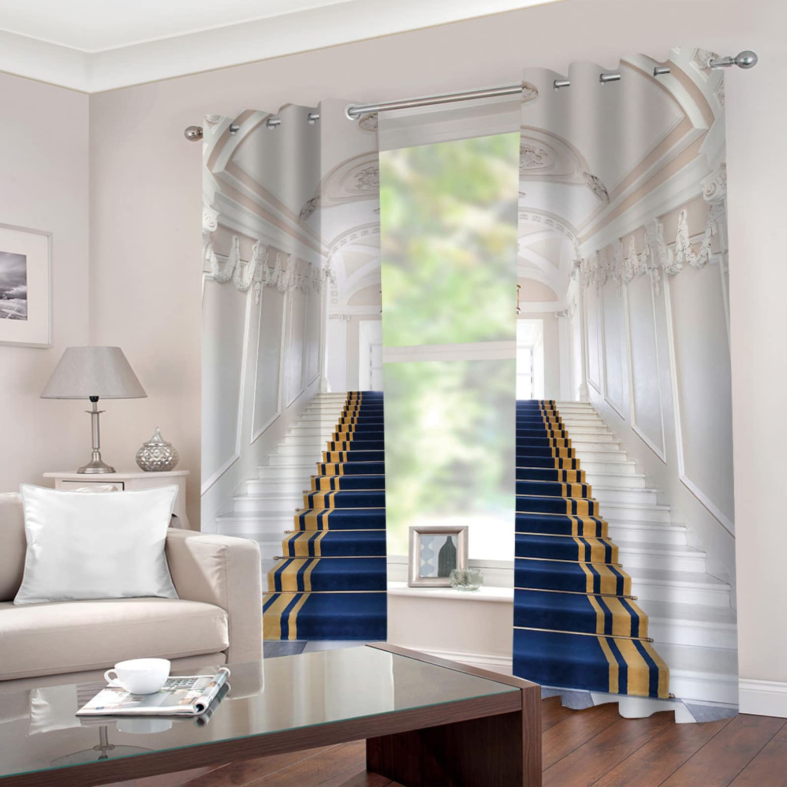 HOUKAI Vorhänge Kinderzimmer Mädchen, Wohnzimmer Vorhang, 220x210Cm 2Er Set, 3D Blauer Teppich Auf Der Treppe Blickdichte Vorhang Dekor, Gardinen Mit Ösen, Jungen Schlafzimmer, Verdunklungsvorhänge
