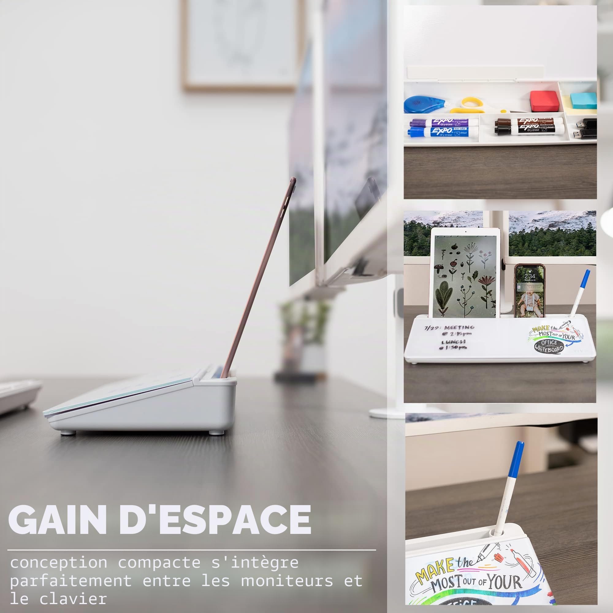 VIVO DESK-WB16A Tableau blanc en verre effaçable à sec avec rangement, compartiments cachés et fente pour appareil, 40,6 x 17,8 cm
