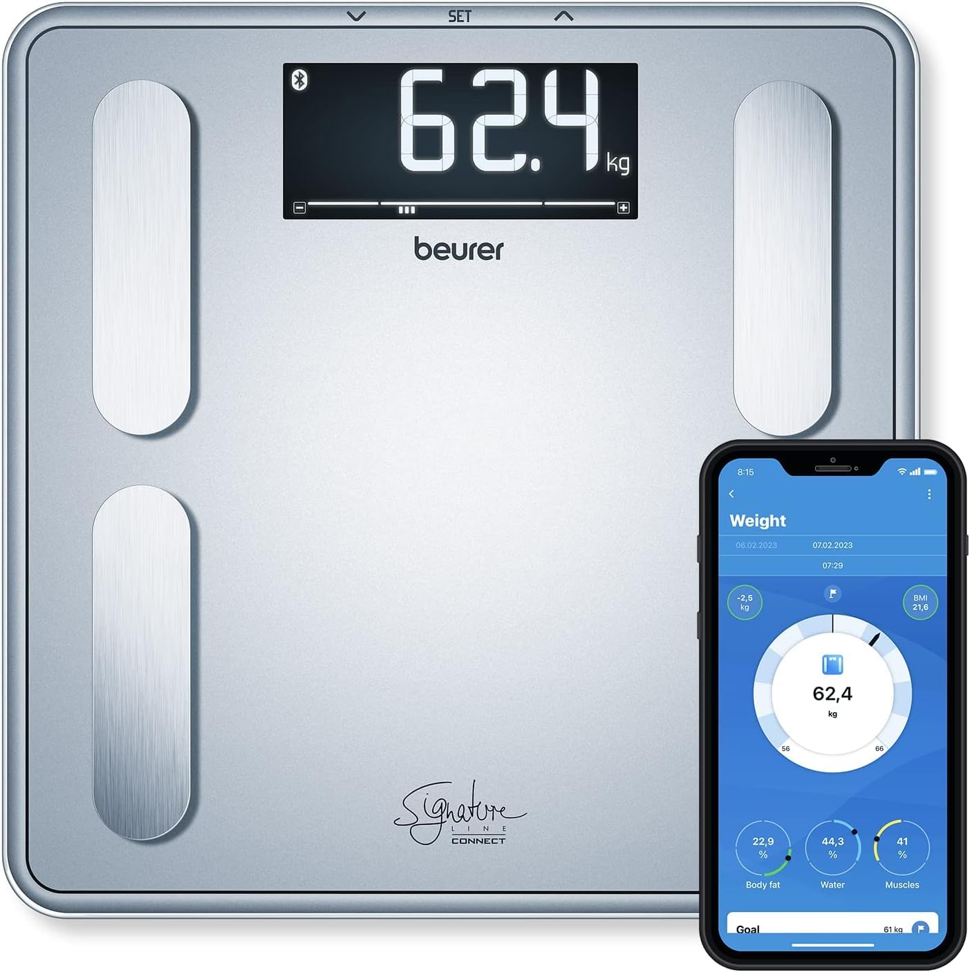 Beurer BF 405 Báscula diagnóstica, análisis corporal preciso para 8 personas, medición de grasa corporal, con pantalla XL iluminada, capacidad de carga hasta 200 kg, conexión a app