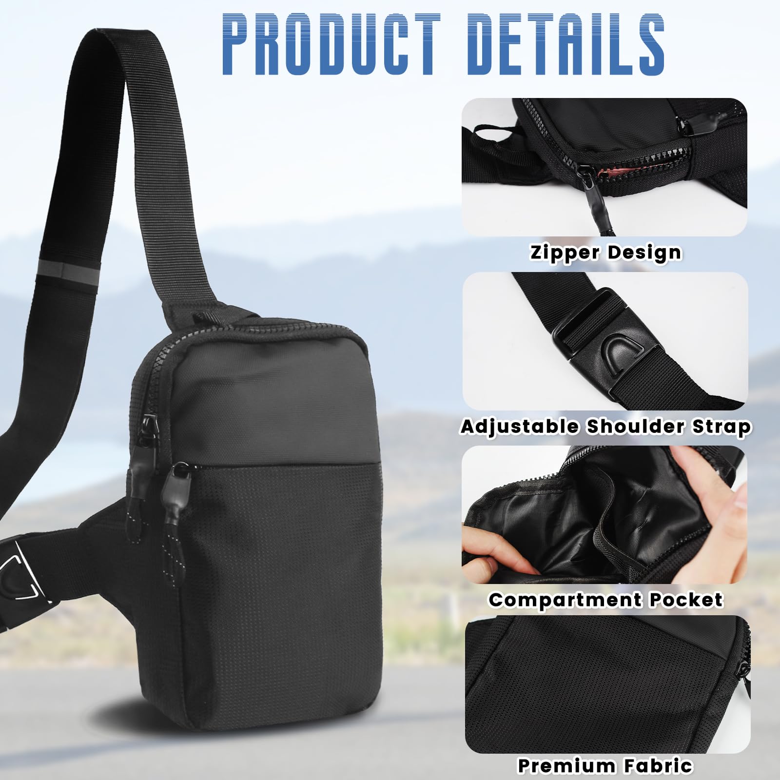 Noir Nylon Sac de Poitrine à Bandoulière Hommes, Sac Poitrine Petit Anti Vol Cross Body Bag Imperméable