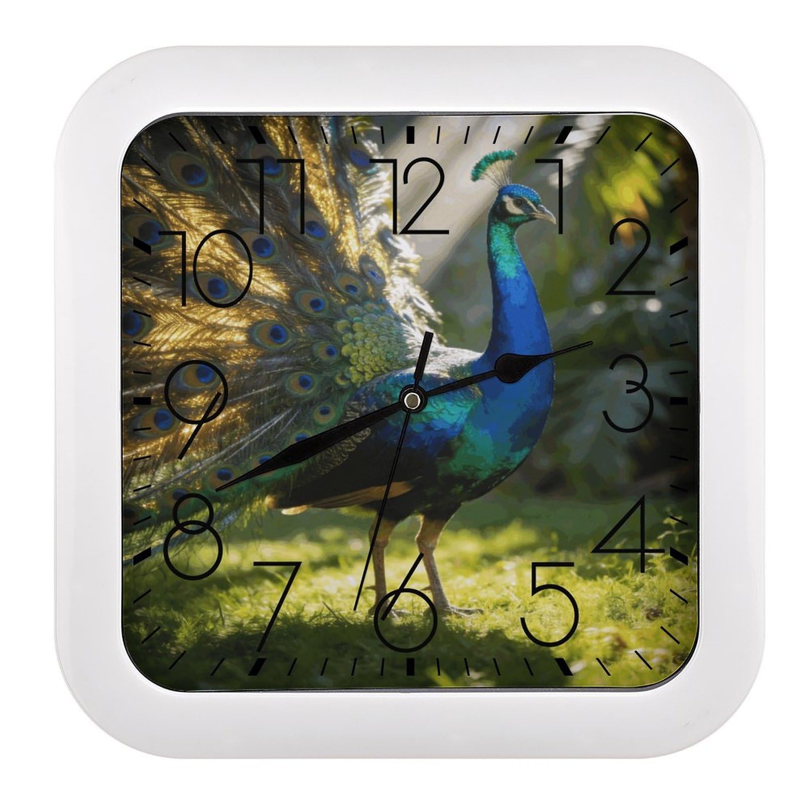 LZQPOEAS Peacock Square Wall Clock, 10.2 Inch Battery Operated Silent Non-Ticking Wall Clock, Square Analog Decorative Clock for Home Wall Art, Living Room, Bedroom, and Office