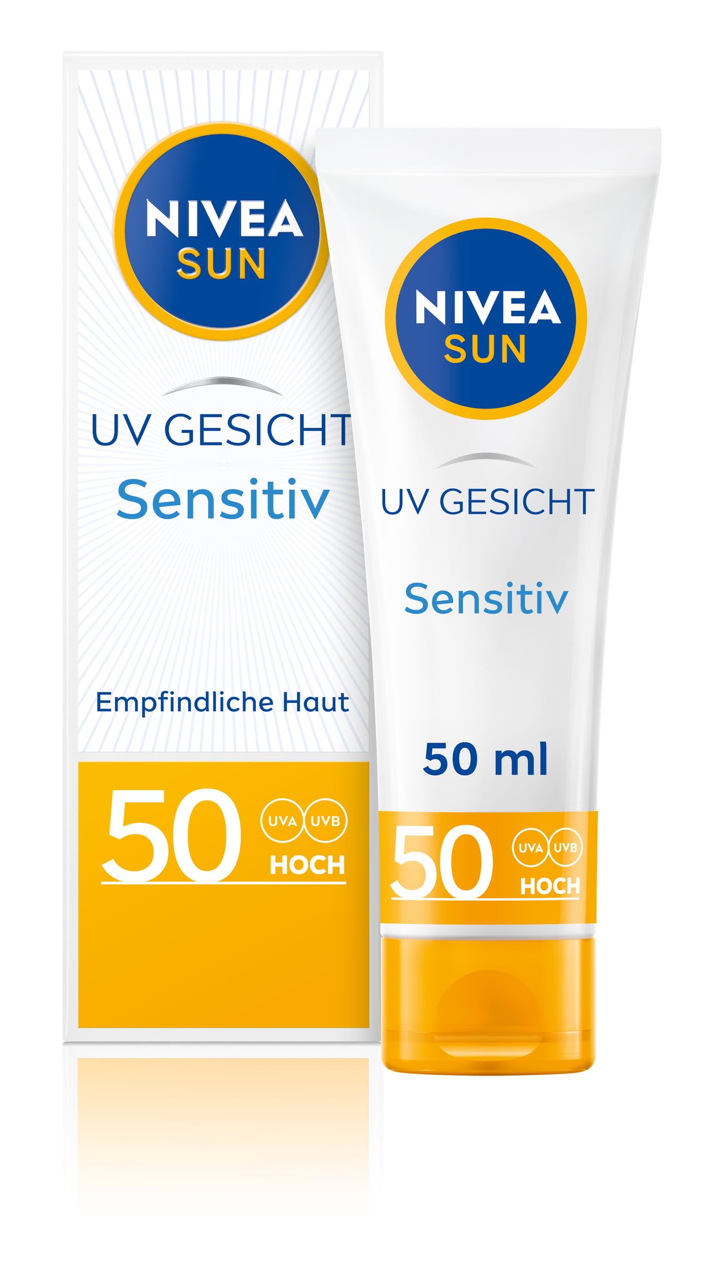 NIVEA SUN UV Gesicht Sensitiv Sonnenschutz LSF 50 (50 ml), parfumfreie Gesichtscreme mit LSF 50 für empfindliche Haut, sofort wirksame Sonnencreme beruhigt Hautirritationen