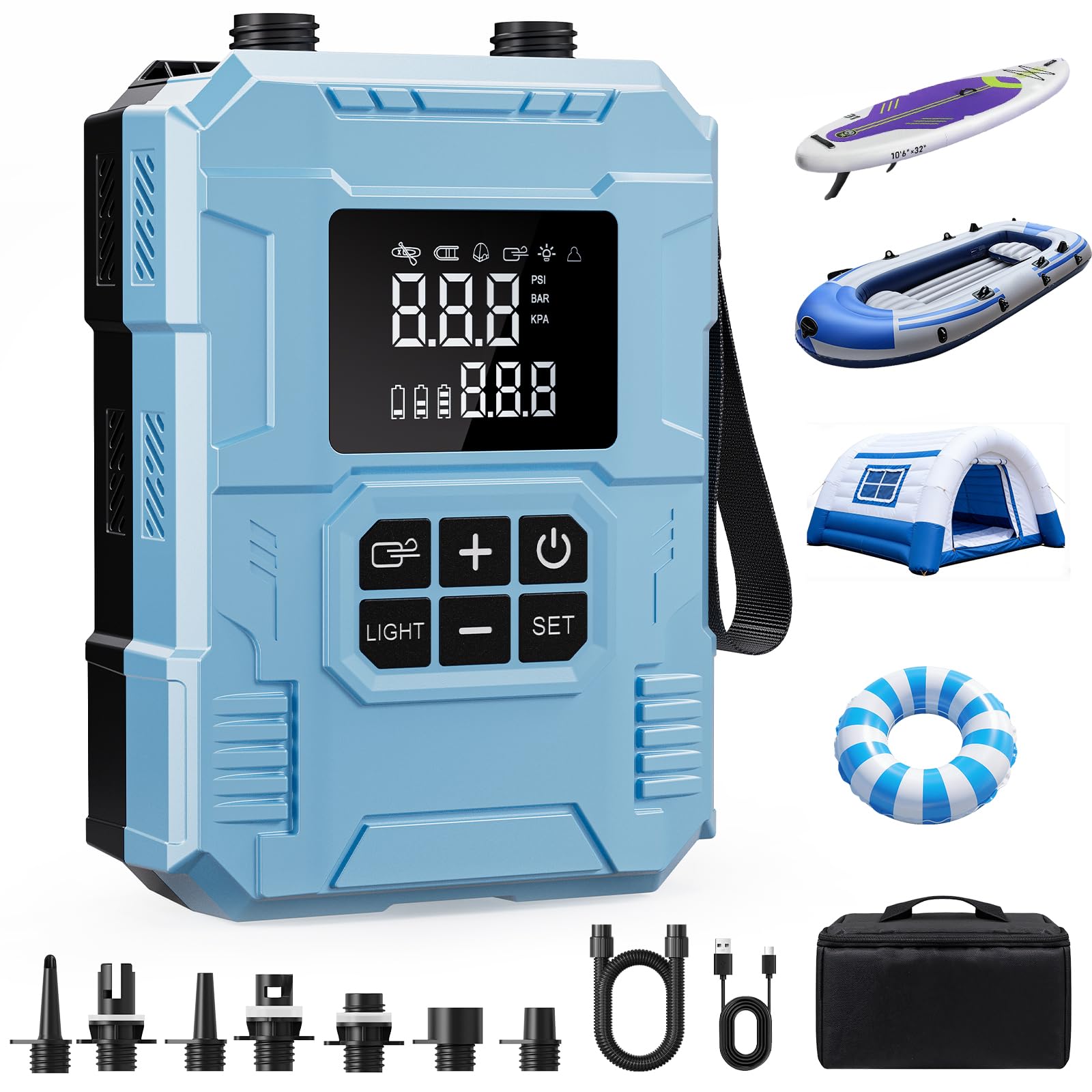 Photo 1 of S8 Electric Paddle Board Pump, 22 PSI 59.2Wh Cordless Rechargeable SUP Pump, 4X Faster Dual-Stage Inflation & Deflation, Portable Air Pump with LED Light & Auto-Off for SUP, Kayak, Surfing Kite, Boat