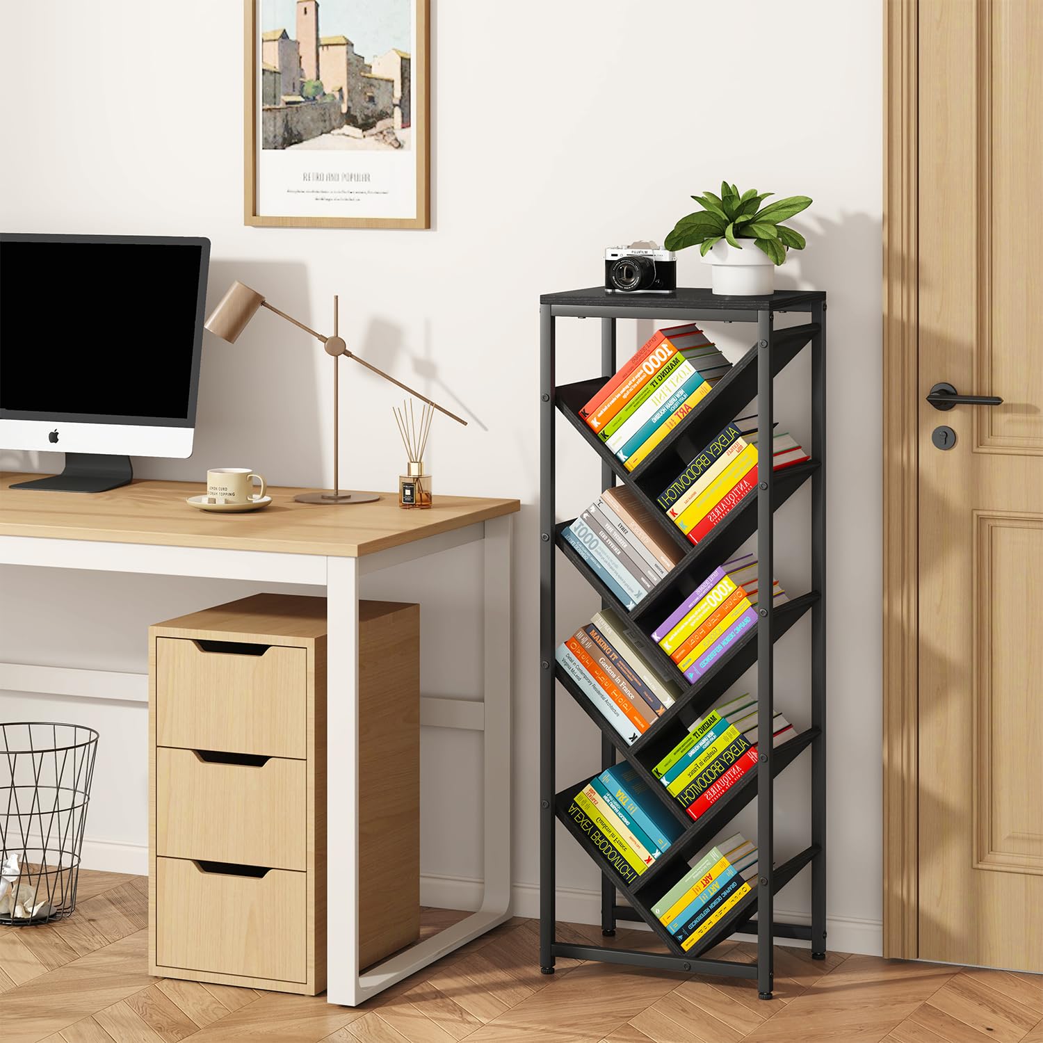 IBUYKE Libreria ad albero a 9 livelli, libreria da pavimento in legno per spazi ristretti, organizer per libri/CD/film, piccola libreria angolare per camera da letto e soggiorno, nero, TBC002B