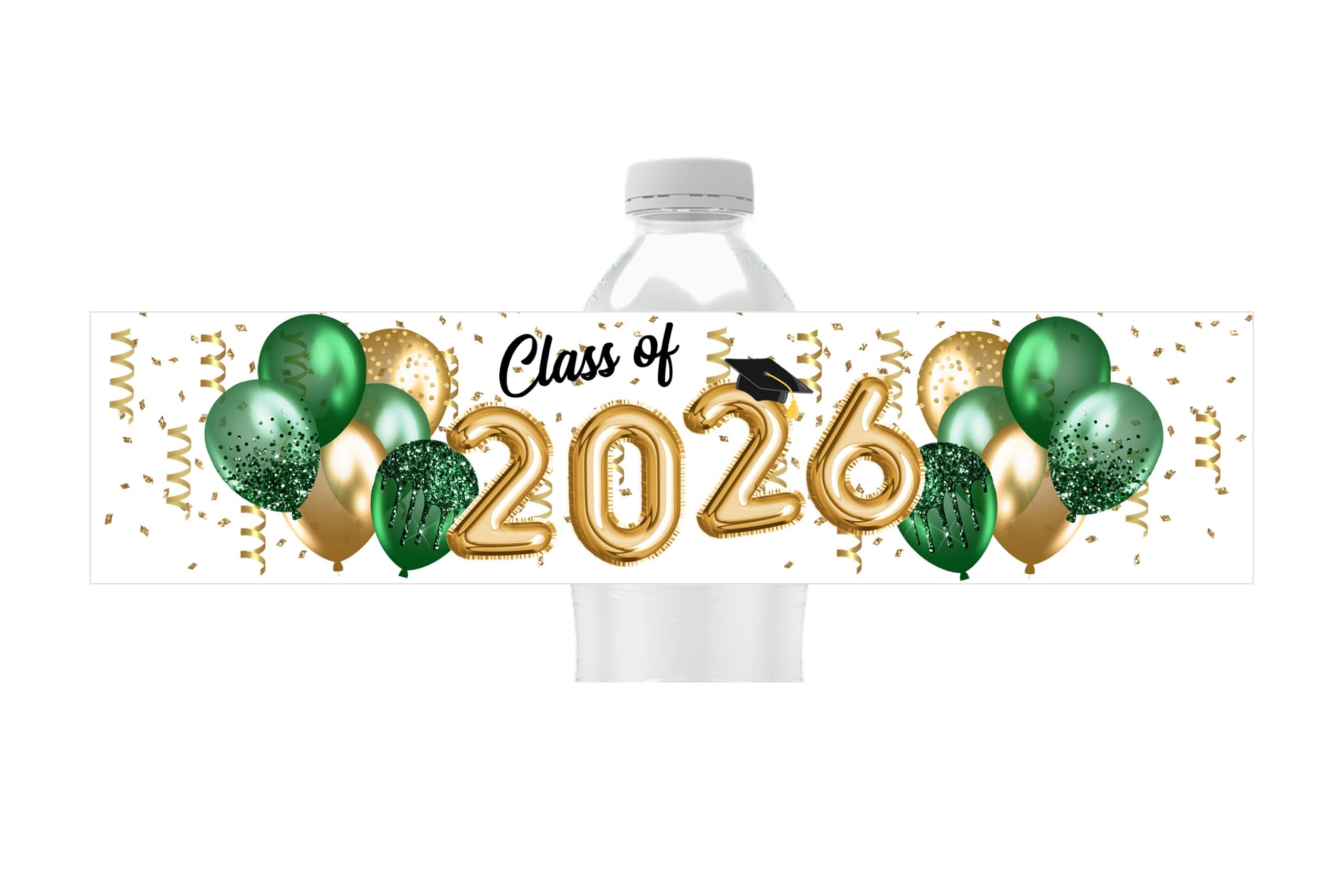 Graduation Water Bottle Labels, Class of 2026 Party Favors, Pack of 25 Peel and Stick Waterproof Water Bottle Wrappers (Green/Gold)