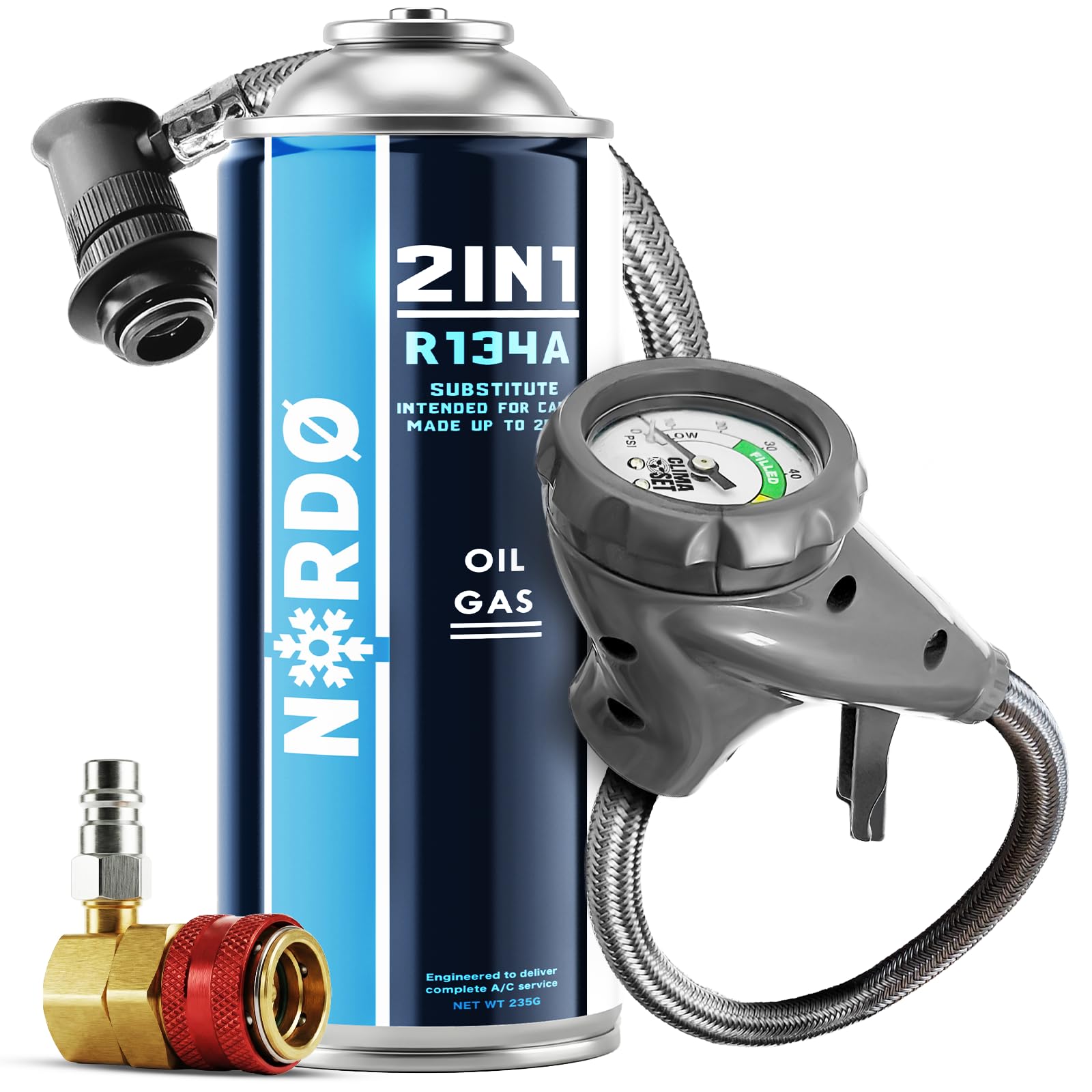 Nordo - Zamiennik Czynnika Chłodniczego R134a Gaz 1x 235 g z Wężem i Adapterem HP/LP do Klimatyzacji – Napełnianie Klimatyzacji Samochodowej – Gaz R134a – Kartusz Gazu – ECO