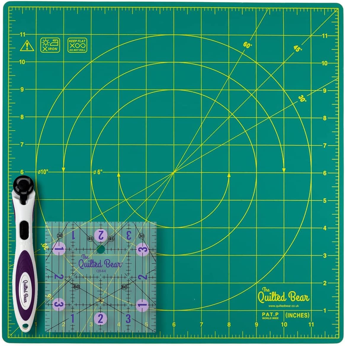 The Quilted Bear 360° Rotating Cutting Mat 12" x 12" with 4