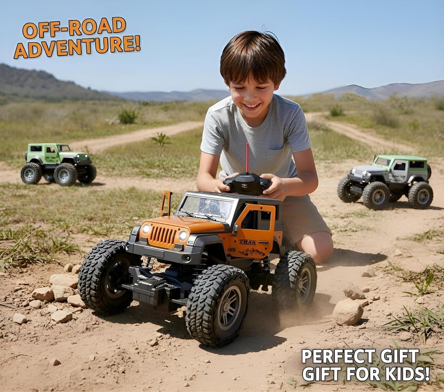 Brand Conquer Remote Control Off Road Car for Kids, Rechargeable Thar Toy with Mist Spray, Openable Doors, Front LED, Shock Absorbers, 2WD, Mobile Connect, USB-C Port & 75ft Range (Thar Black)