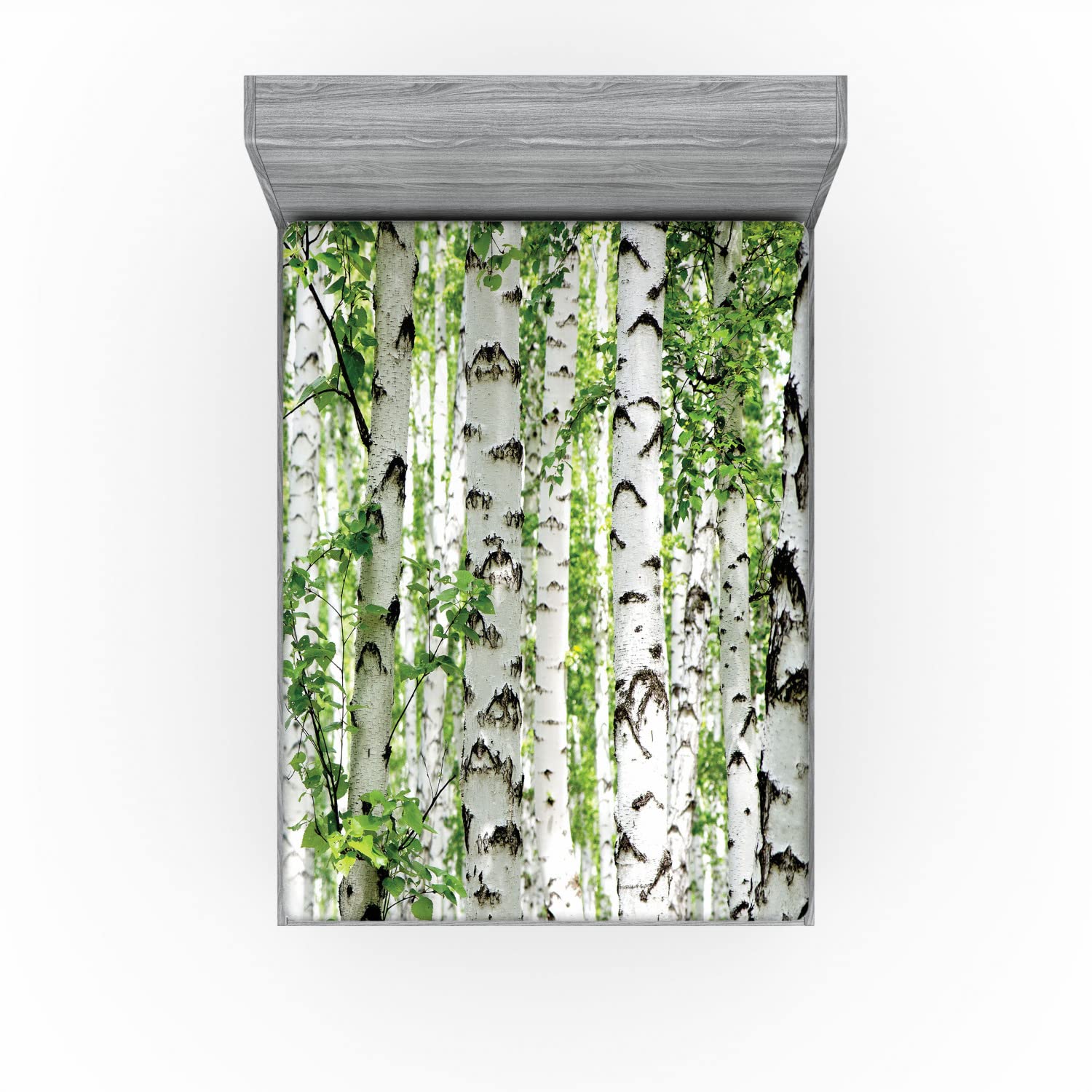 Ambesonne Forest 2 Pack Fitted Sheet, Wildlife Nature Summer, Bed Cover All-Round Elastic Deep Pockets 2 Pieces, Package Contains 2 Full Size Fitted Sheets, White Grey Green