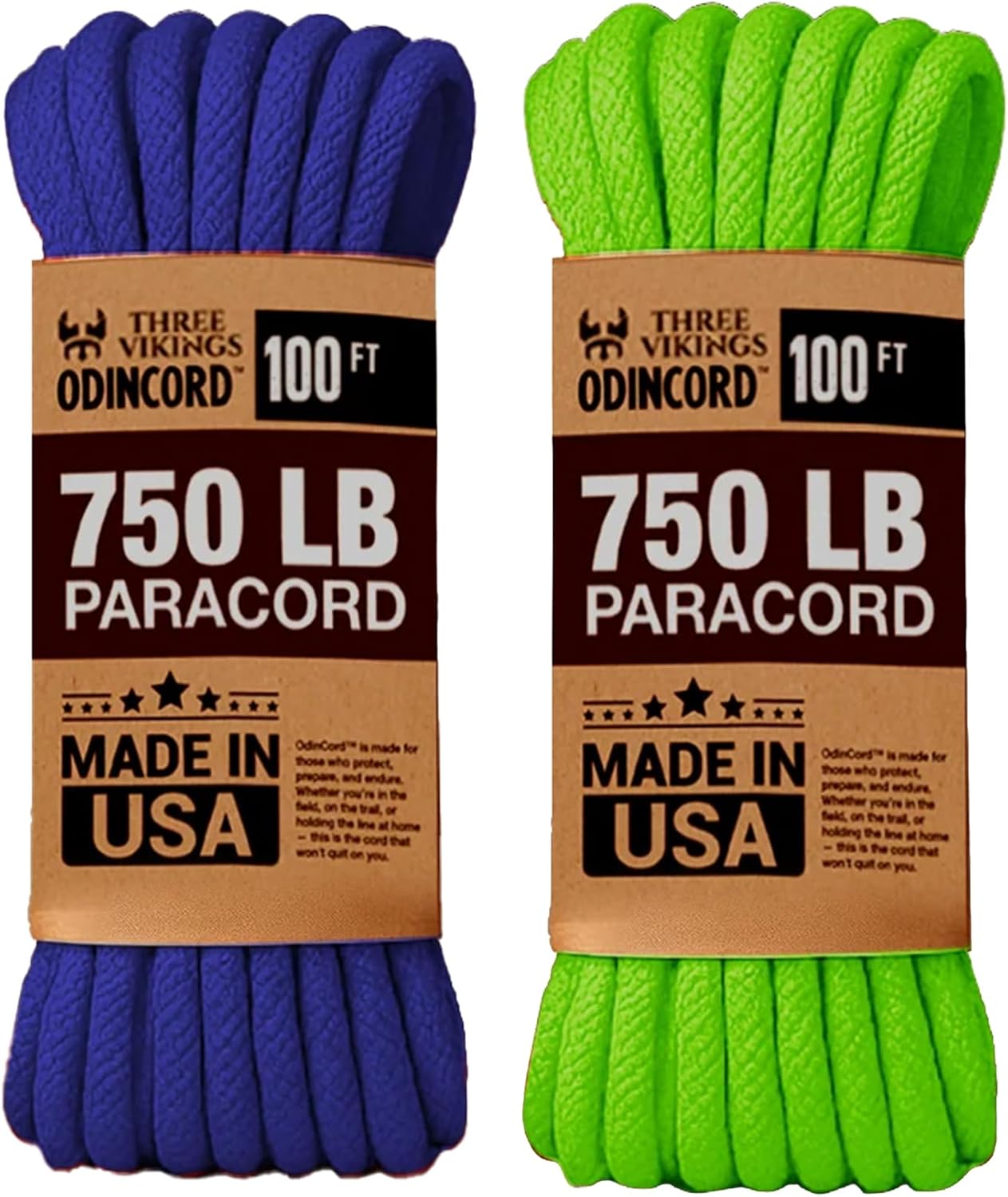 Paracord Rope - 750lb - 100% Nylon Rope - Made in USA - Type IV - 11 Strand Core - Neon Green, Royal Blue - 100 ft