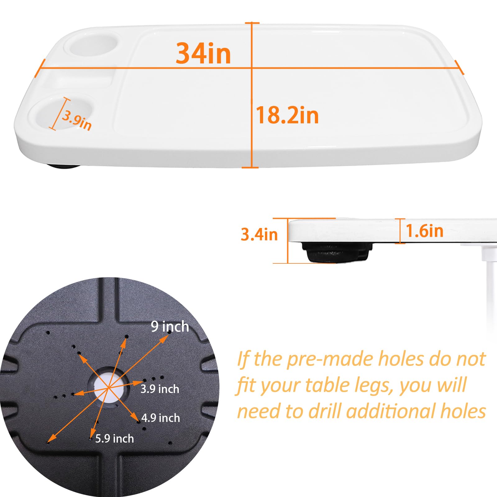 Tavolo da barca per barca, pontone marino camper, 86 x 45 cm, rettangolare, rimovibile, grande piano con portabicchieri incorporati, supporto per telefono in ABS impermeabile (nero)
