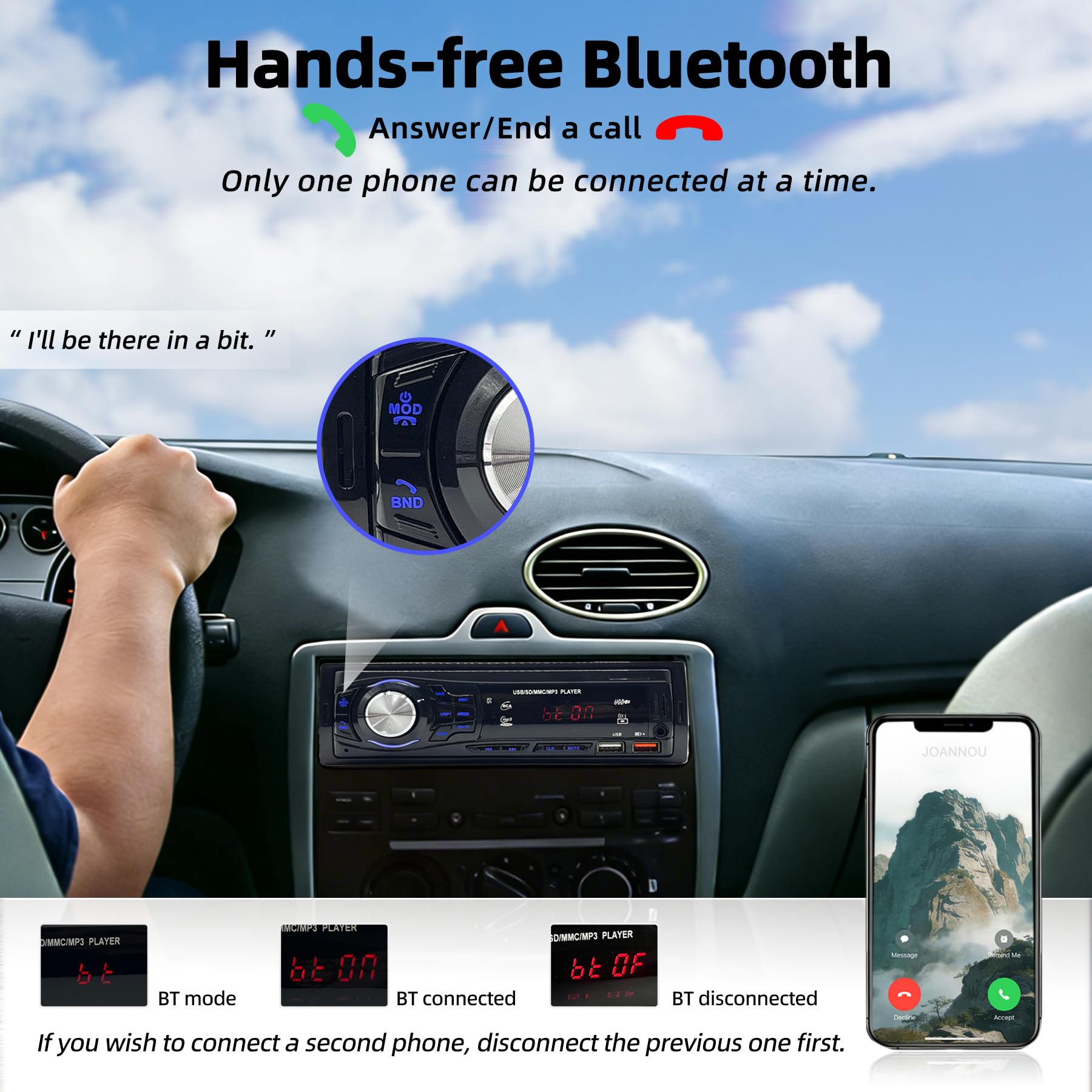 Autoradio Bluetooth 1 DIN - Stereo Auto con 2 Porte USB, Vivavoce Bluetooth, Radio FM, Supporto MP3 via USB/SD/AUX, Telecomando Incluso - Autoradio per auto 12V (nero)