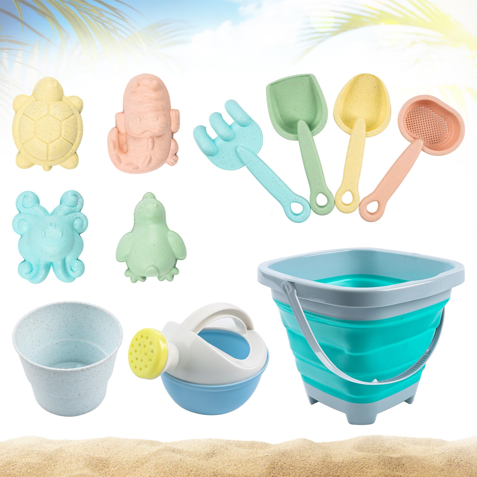Juguetes Playa Infantiles, Divertido Juego Juguetes Playa, Juego de Juguetes de Arena con Cubo Plegable Pala de Arena Rastrillo Molde de Arena Mini Tetera, para Niños Niñas Playa Verano Juguetes