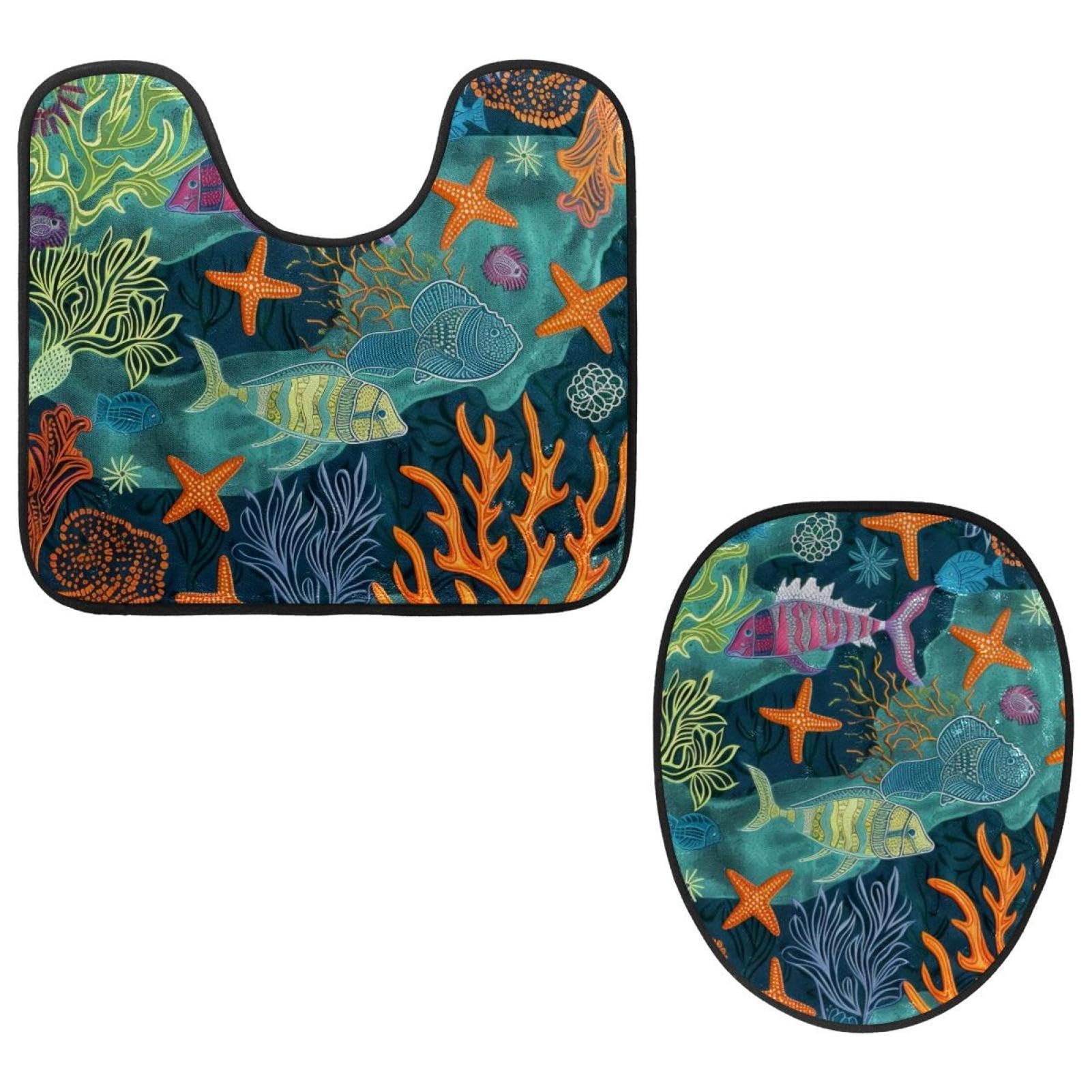 MUOOUM Toilet Lid Cover and U-Shaped Toilet Floor Mat Set of 2 Pieces, Fish Coral Starfish Sea Pattern Toilet Mat Set, Machine Washable Seat Covers Non-Slip Absorbent Rugs