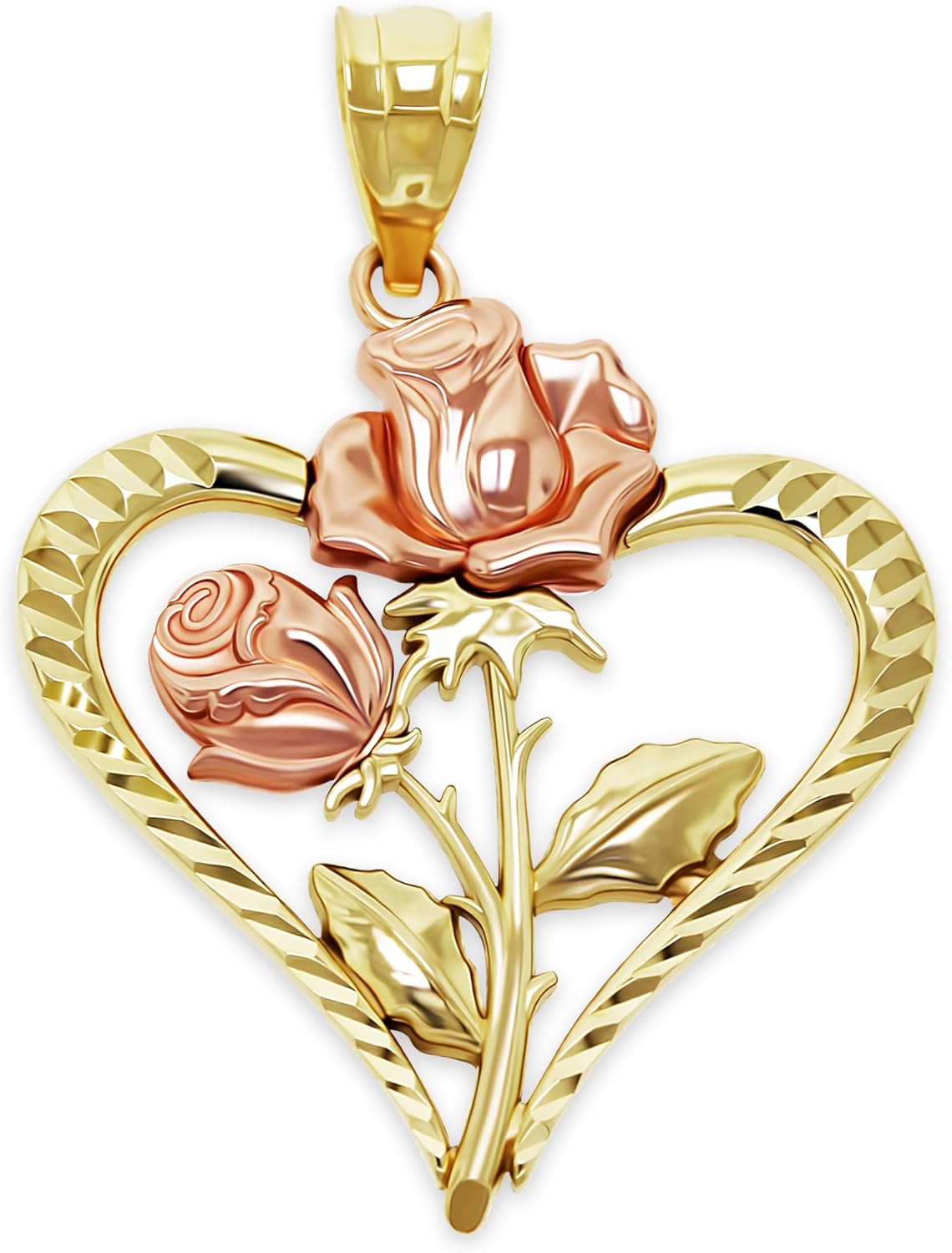 Gold Rose with Heart Pendant Charm 10 Karat Gold Heart
