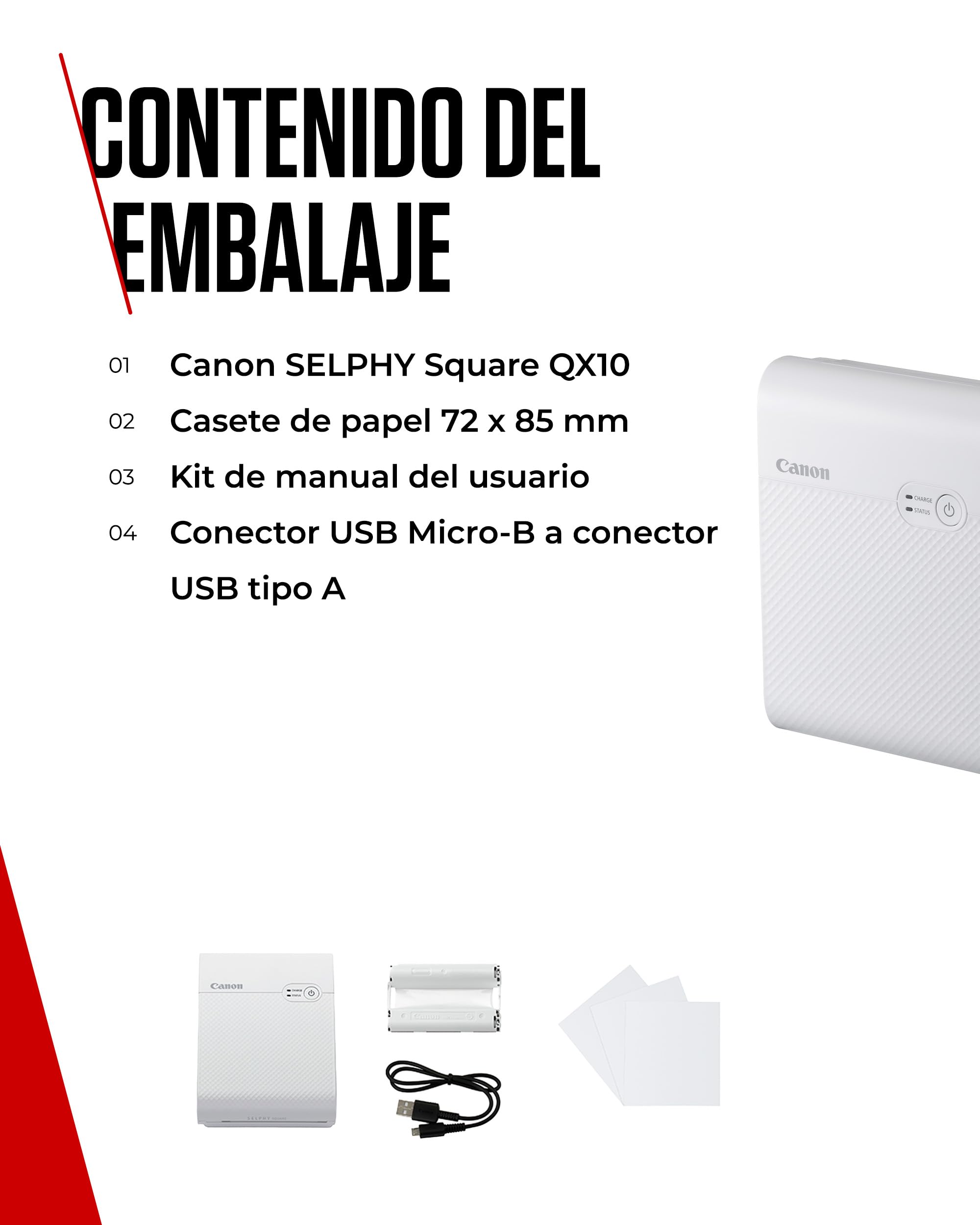 Canon SELPHY QX10, Impresora Fotográfica Instantánea y Portatil por sublimación de tinta, Conexión inalámbrica (Wi-Fi) a Smartphone y Tablet, Papel Cuadrado XS-20L (68 X 68 mm), Blanca