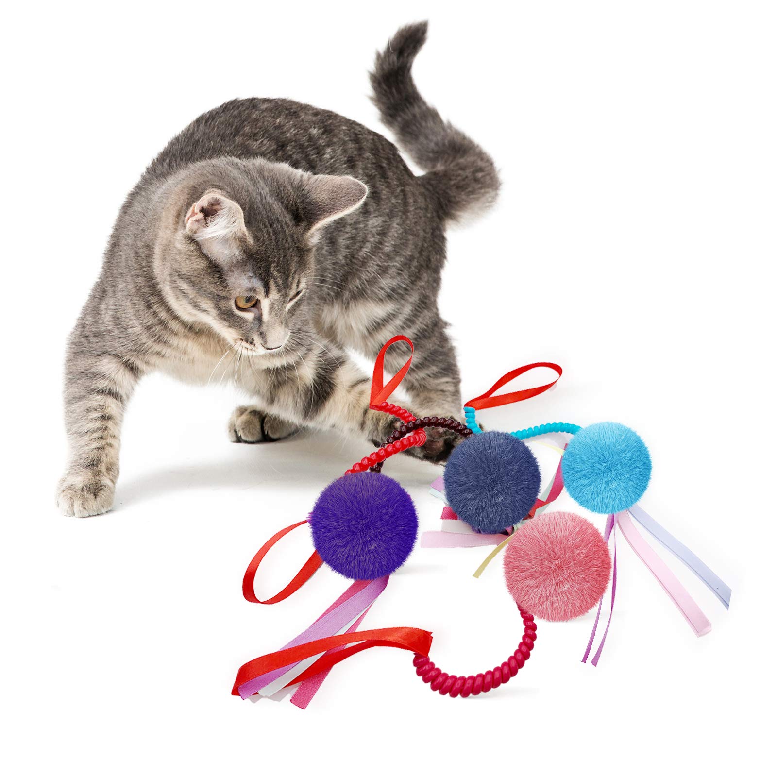 Set di 4 giocattoli interattivi accartocciati colorati con nastro e molle elicoidali elastiche per gatti interni da appendere alla porta