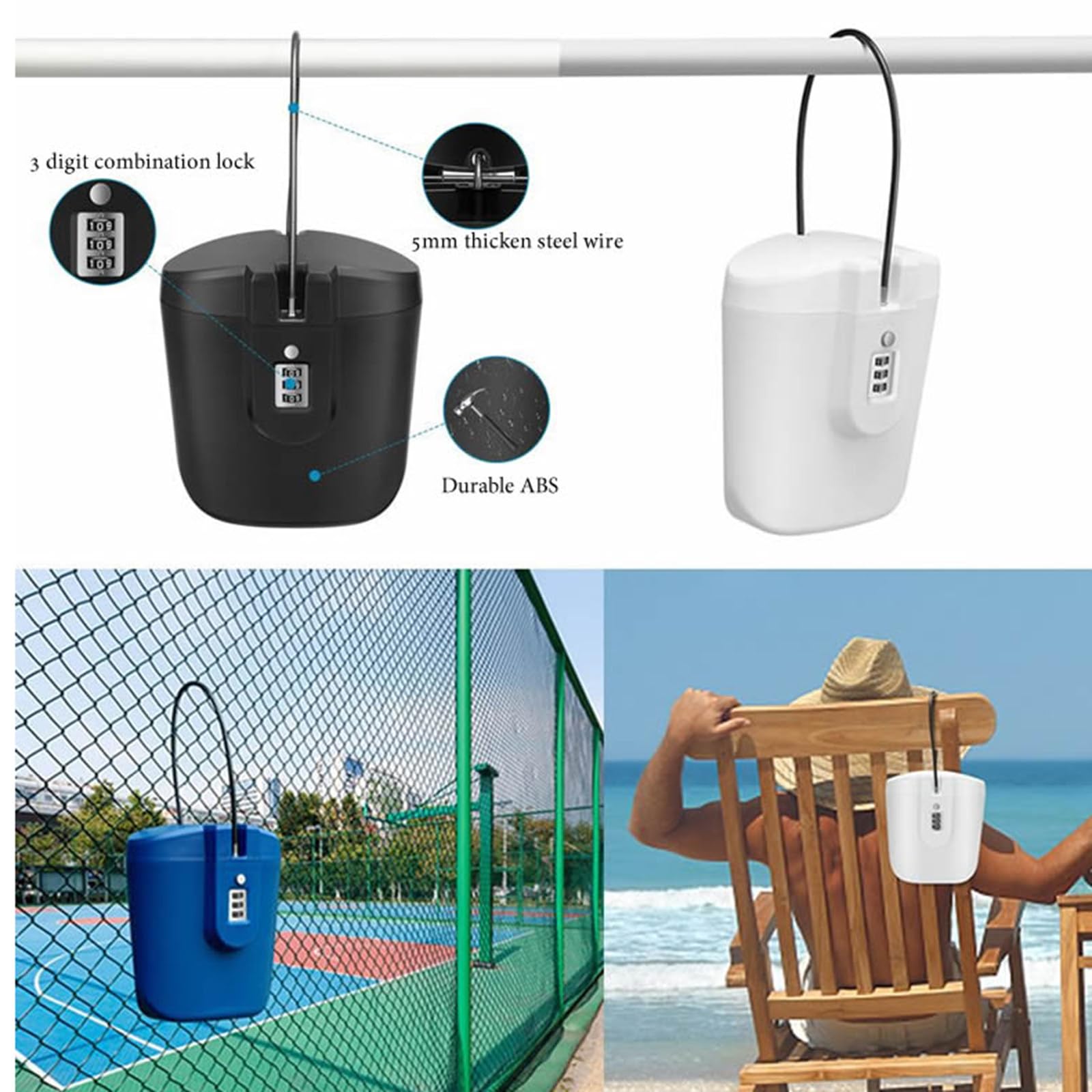 Coffre-fort portable couleur avec serrure à combinaison à 3 chiffres – Idéal pour la plage, le camping et les sports de plein air – Design en fil d'acier pour une sécurité sûre