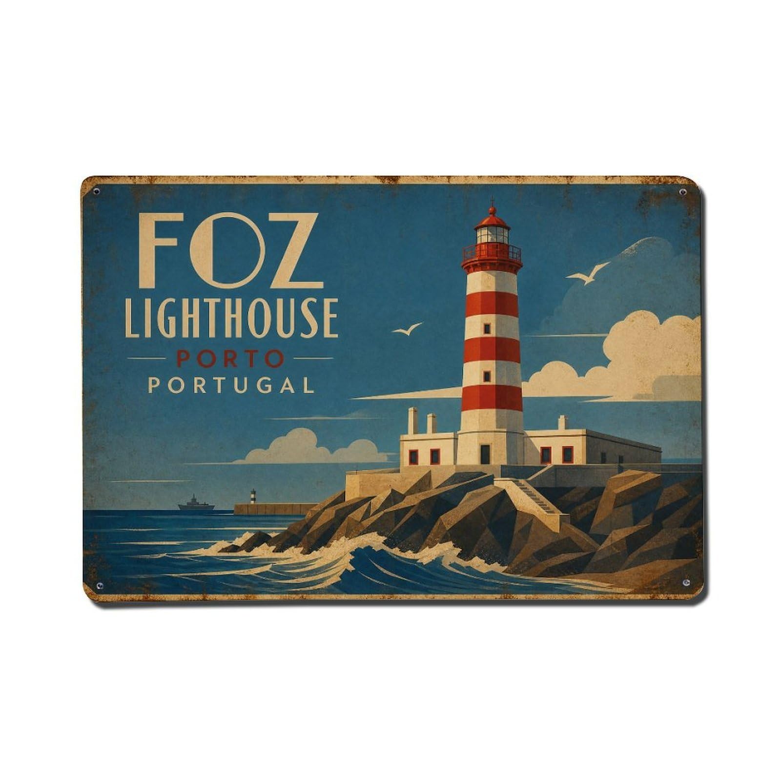 Vintage Travel Foz Lighthouse Red White Stripes Portugal Metal Tin Sign