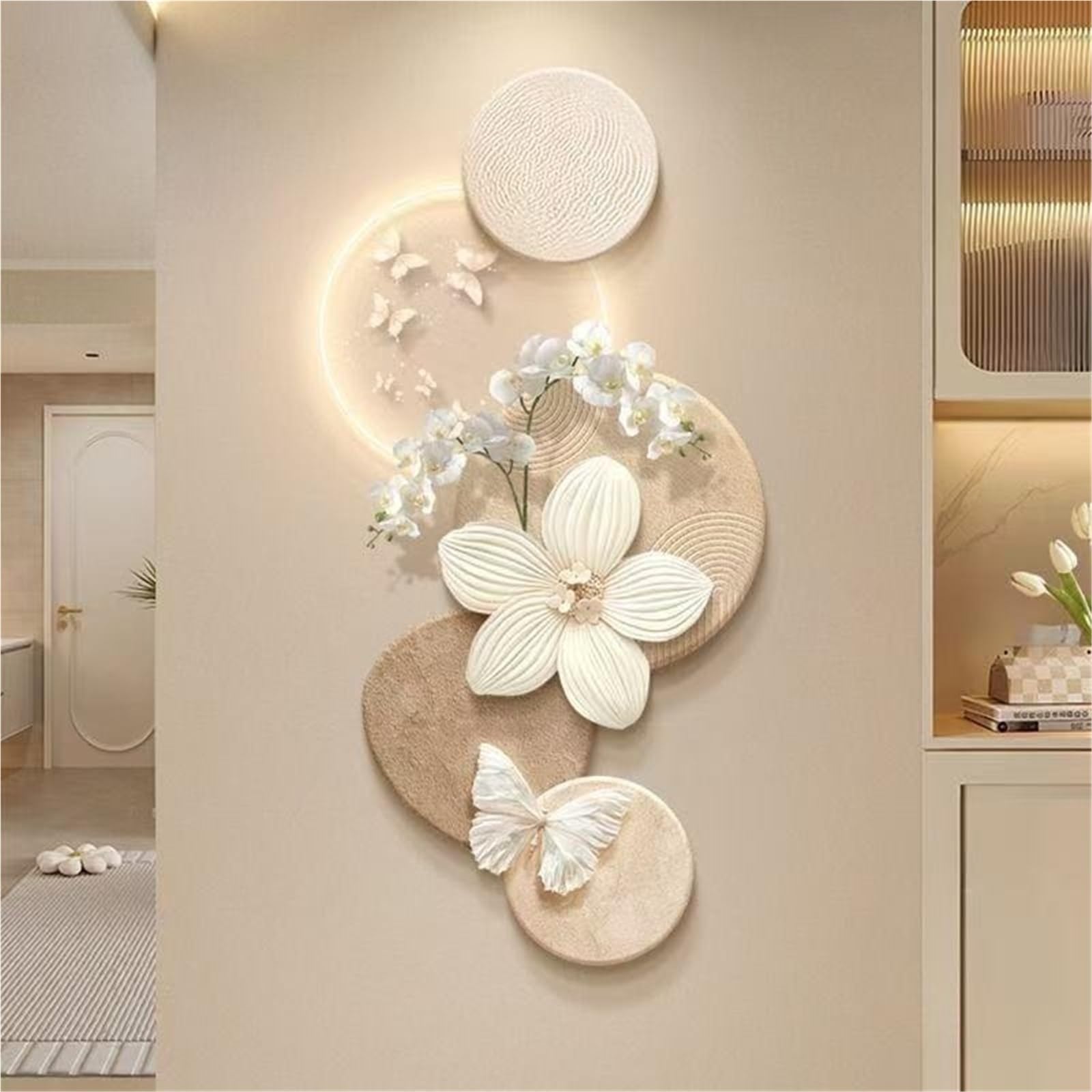 Cuadro Decorativo Floral con Luces LED, Fuente de alimentación enchufable, Mural de Porcelana cristalina para Sala de Estar, Dormitorio, Oficina y decoración del hogar (60 x 120 cm