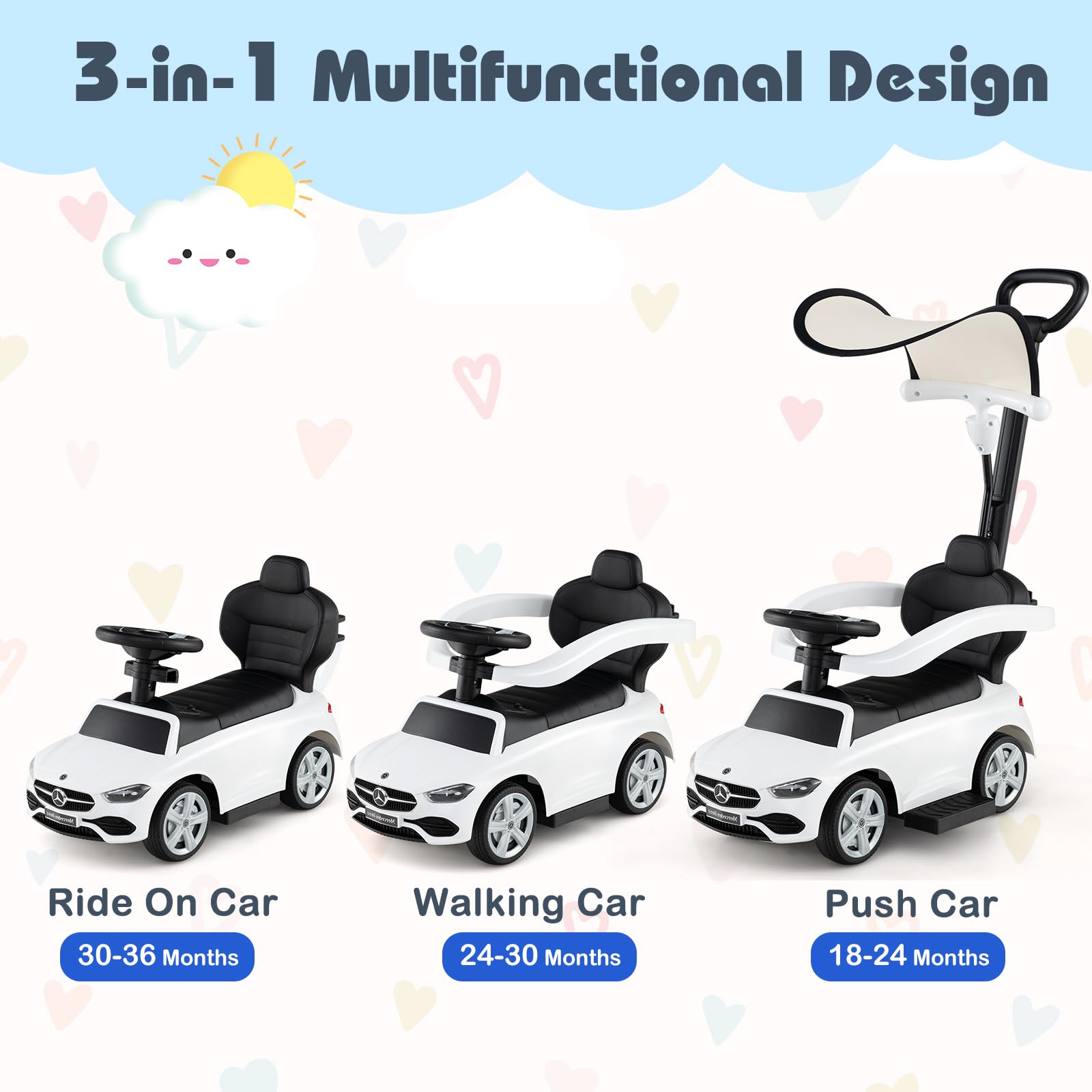 SOARS Macchina Cavalcabile per Bambini con Licenza Mercedes-Benz 3 in 1, Capote Regolabile, Guida Realistica con Volante e Clacson, Capacità di Carico 25 KG, per Bambine e Bambini 1-3 Anni (Bianco)