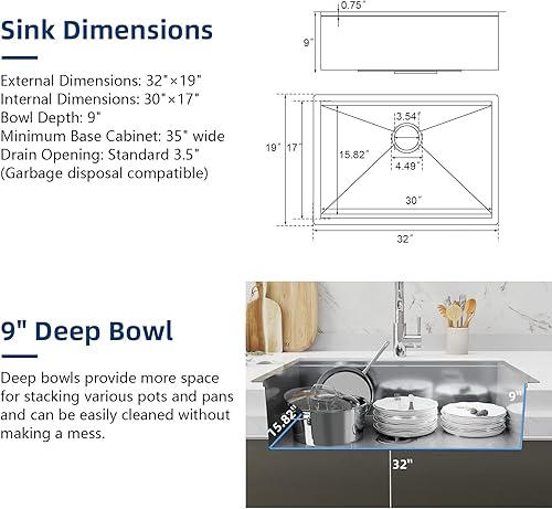 Miniatura 7 de Fregadero de cocina de 32 pulgadas, fregadero de cocina profundo de acero inoxidable de un solo tazón, calibre 16 con revestimiento nano y acabado