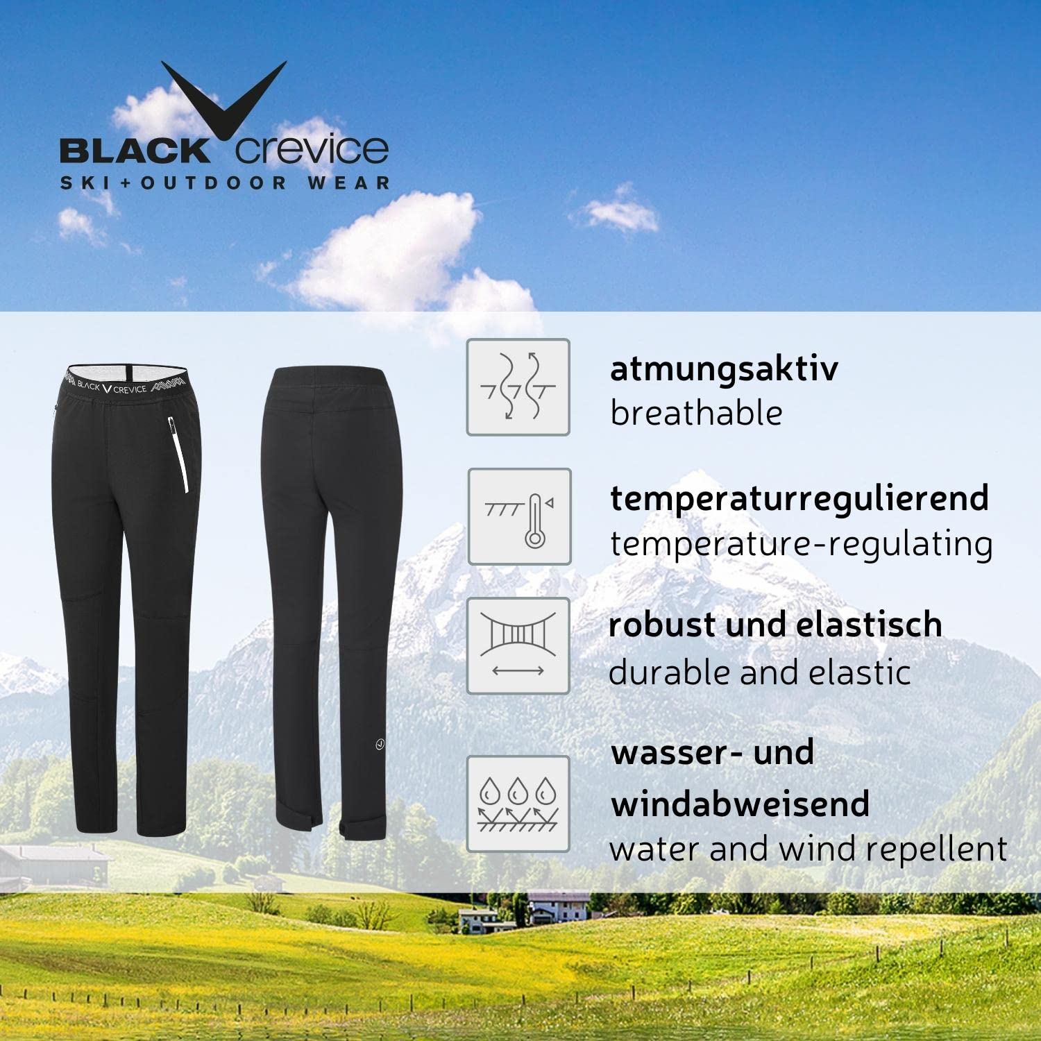 Black Crevice Damen Outdoor Hose I Hochwertige Wanderhose aus 90% Polyester & 10% Spandex I Wasserabweisende Outdoorhose Damen I Atmungsaktive Trekking-Hose Damen mit elastischem Bund