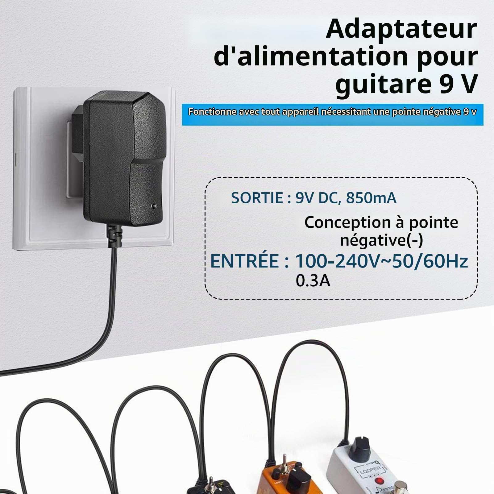 Chargeur Adaptateur d'Alimentation Universel 9V-850mA pour Pédales d'Effet Guitare - Câble de 2m avec Connecteur 5,5mm x 2,1mm, Pointe Négative, Compatible Multi-Marques