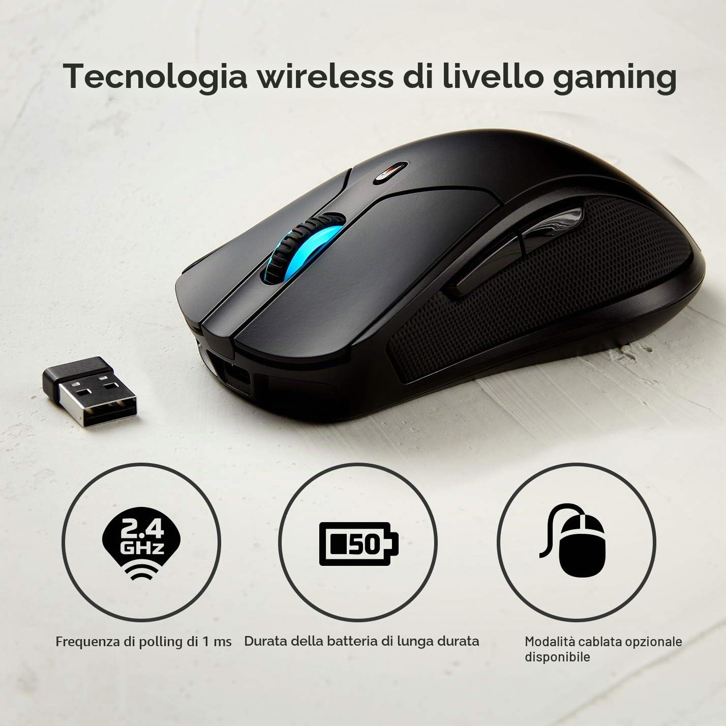 HyperX Pulsefire Dart, Mouse Gaming Senza Filo, Connettività a 2,4 GHz, Illuminazione RGB, 2 Tasti Programmabili, Fino a 16000 DPI, Resistenza fino a 50 Milioni di Clic, Batteria fino a 50 Ore, Nero