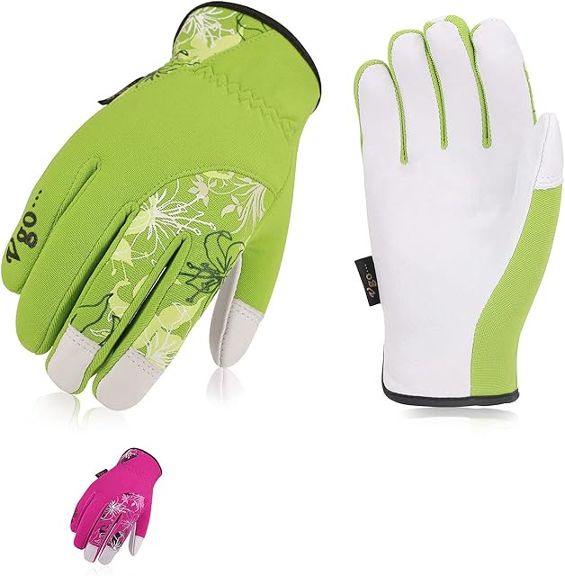 Vgo... 2Pairs Gardening Gloves Ladies,Safety Leather Working Gloves,Thorn Proof,Anti-Slip(Size M,2Colours,GA7444)