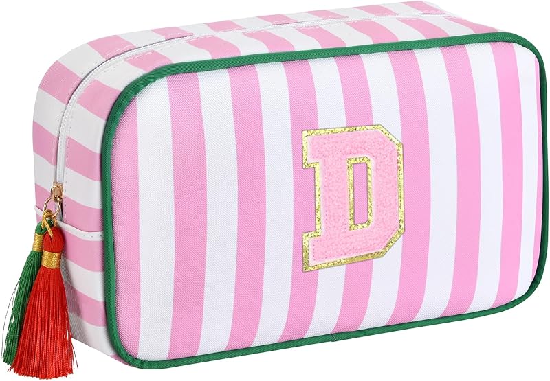 Necessaire de maquiagem listrada ISPbag com inicial em chenille e zíper com borla, rosa, MA-6003